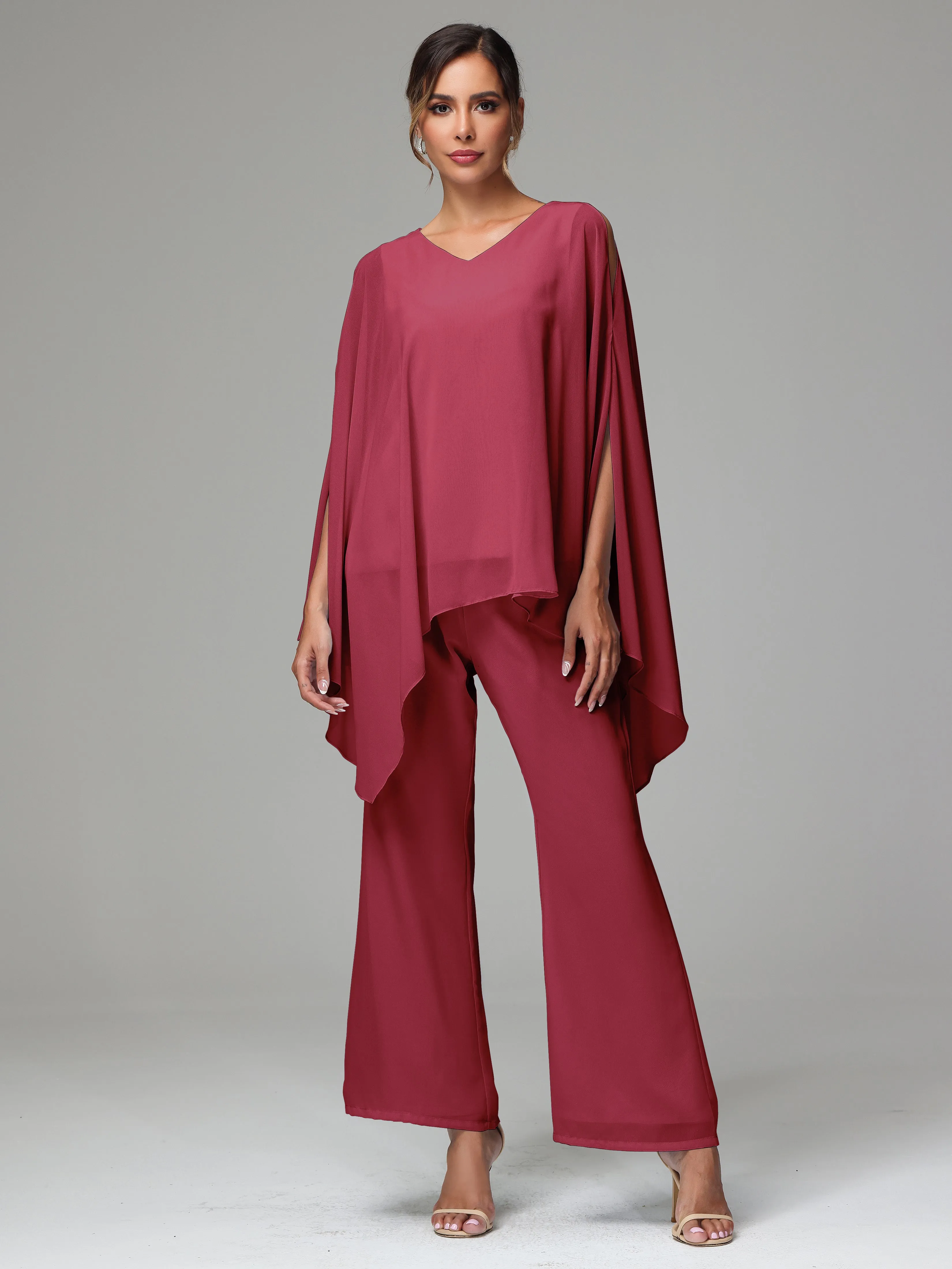 2 Pieces Flowy Split Sleeves Chiffon Mother Of The Bride Dress Pants Suits