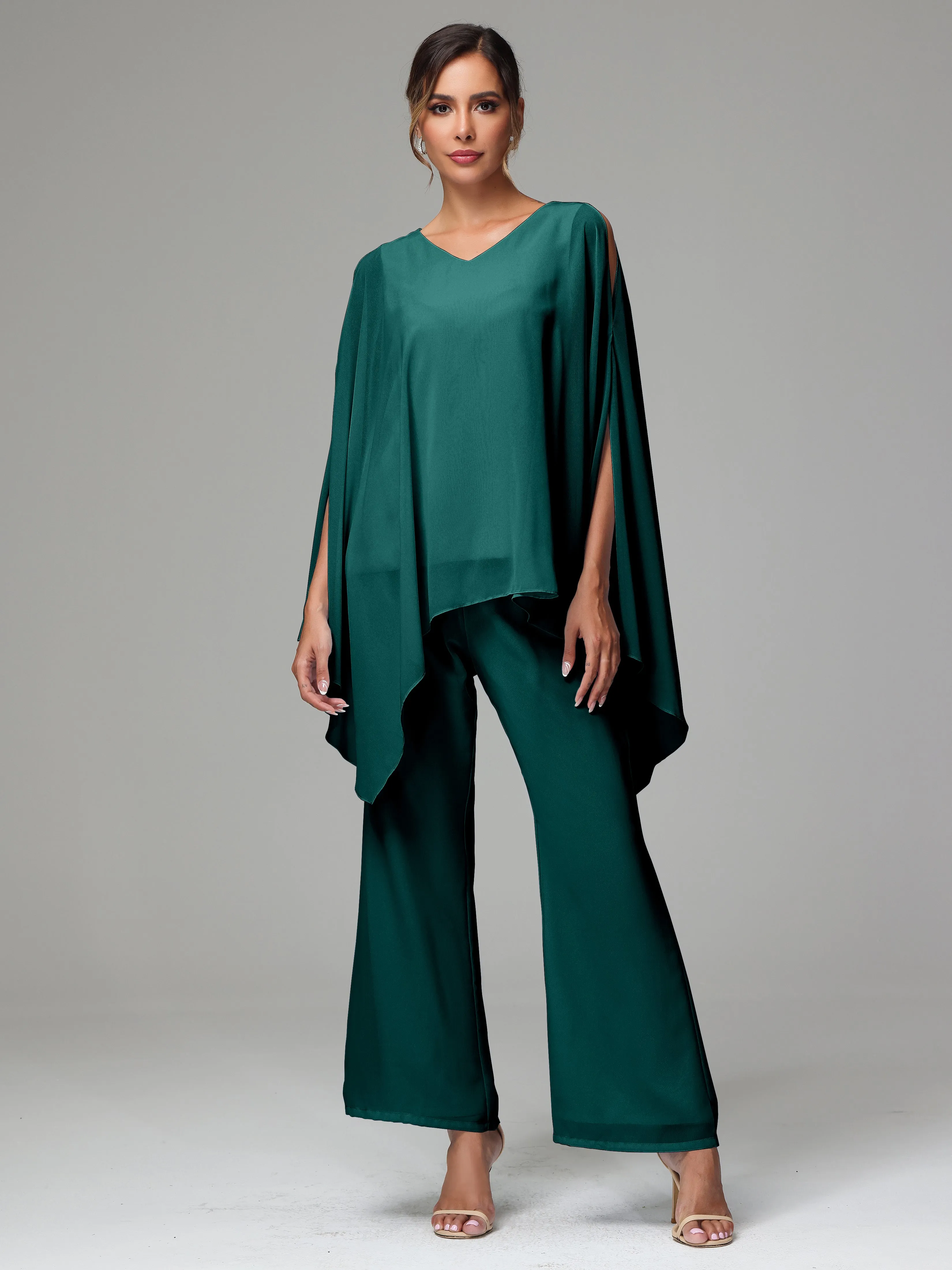 2 Pieces Flowy Split Sleeves Chiffon Mother Of The Bride Dress Pants Suits