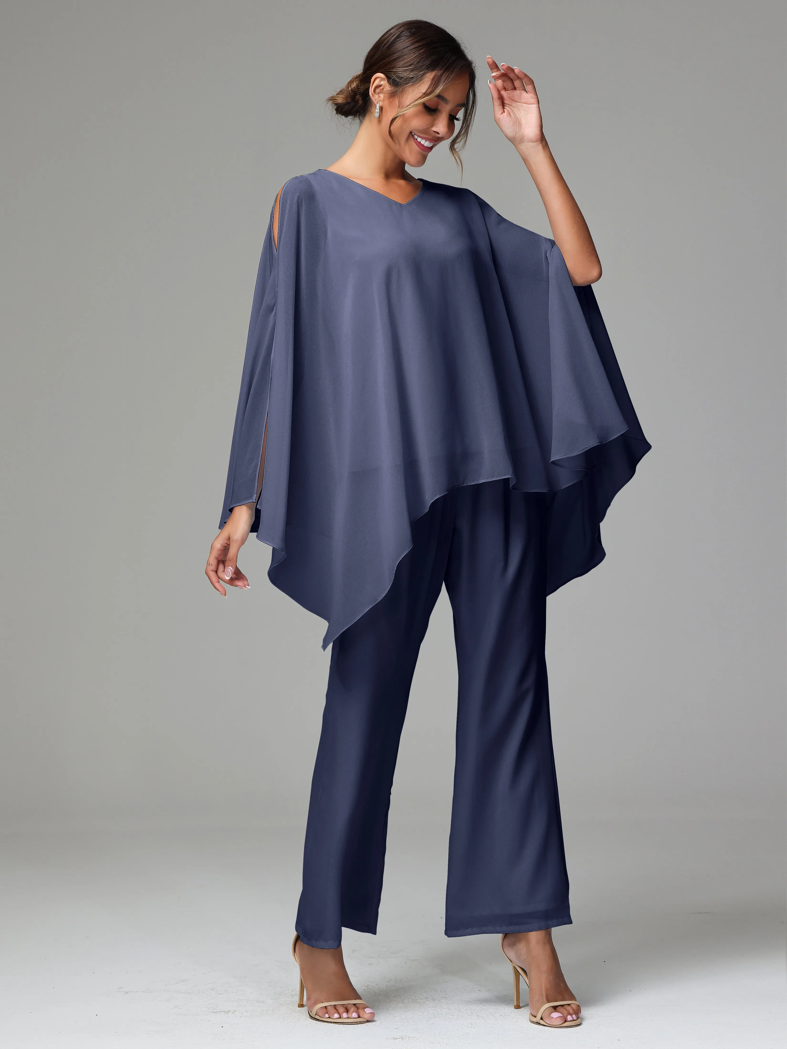 2 Pieces Flowy Split Sleeves Chiffon Mother Of The Bride Dress Pants Suits