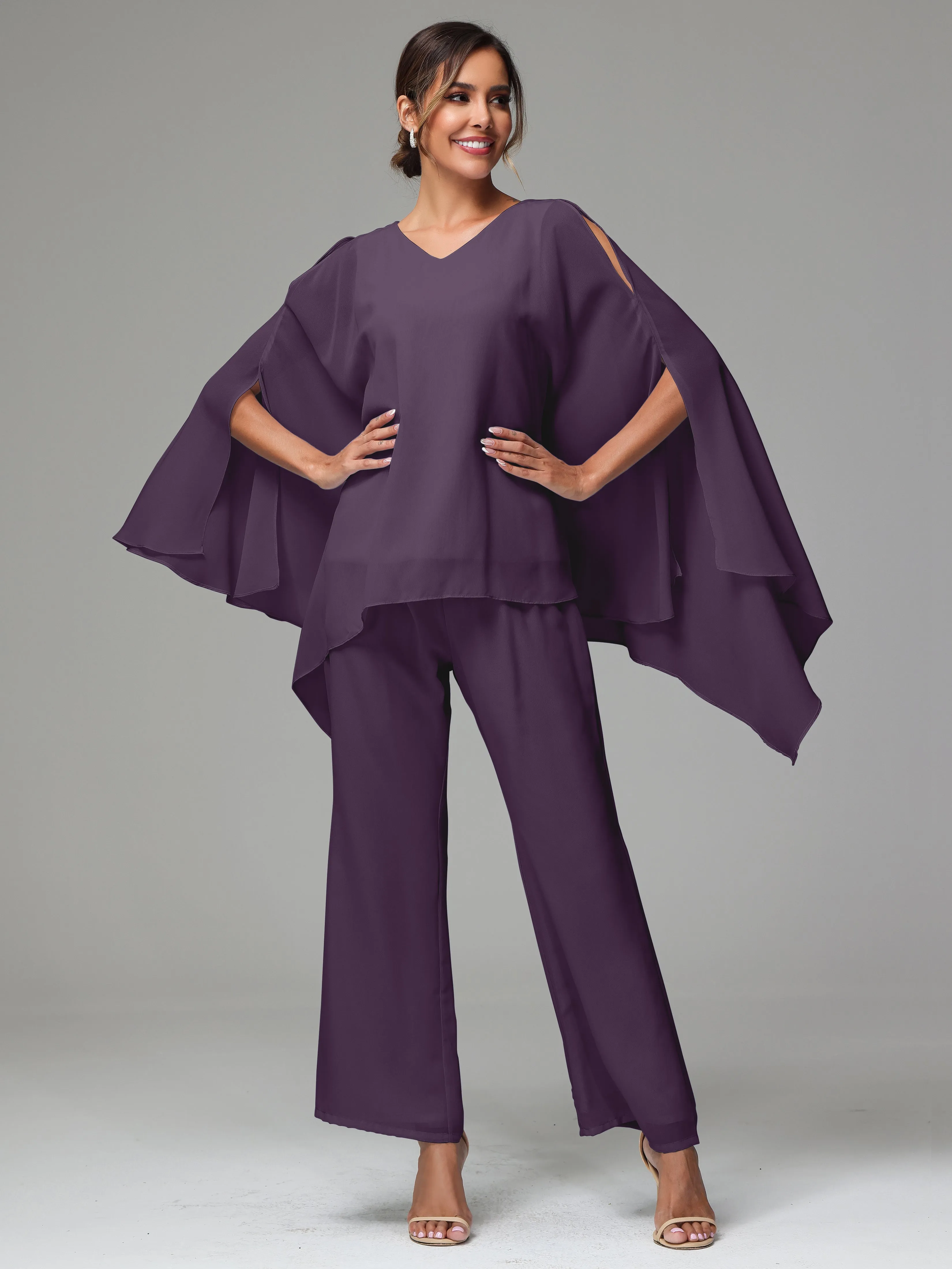 2 Pieces Flowy Split Sleeves Chiffon Mother Of The Bride Dress Pants Suits