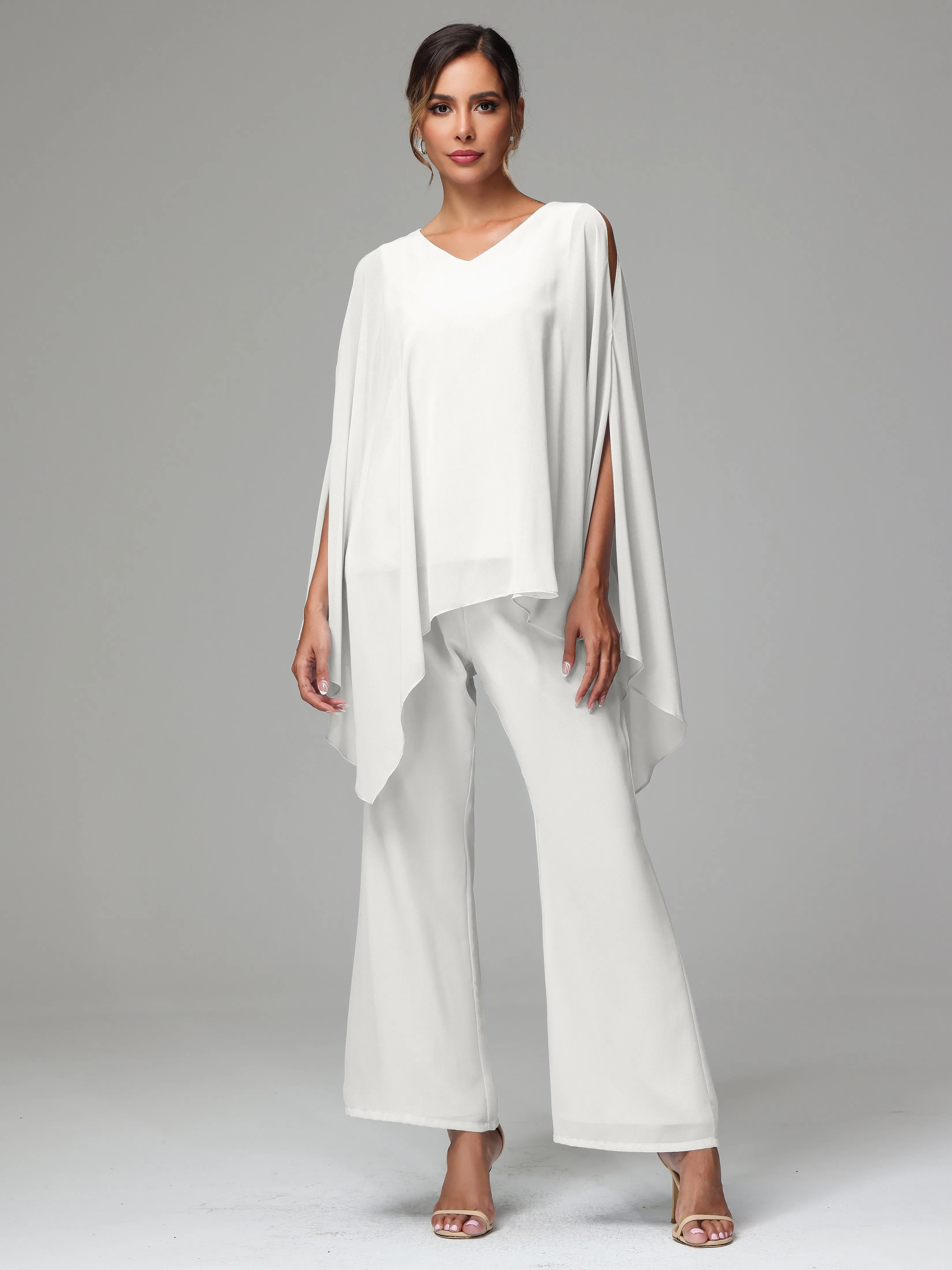 2 Pieces Flowy Split Sleeves Chiffon Mother Of The Bride Dress Pants Suits