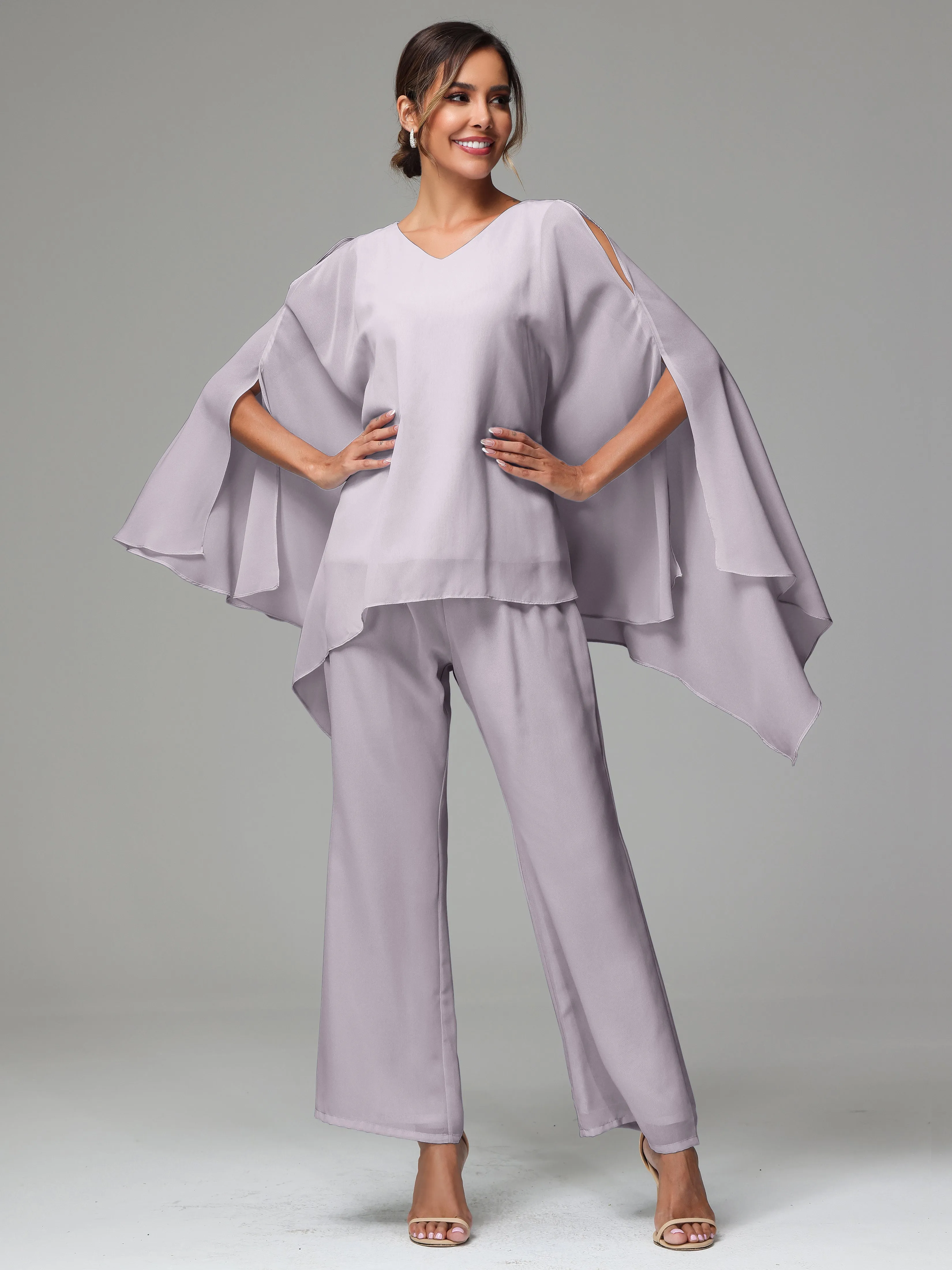 2 Pieces Flowy Split Sleeves Chiffon Mother Of The Bride Dress Pants Suits