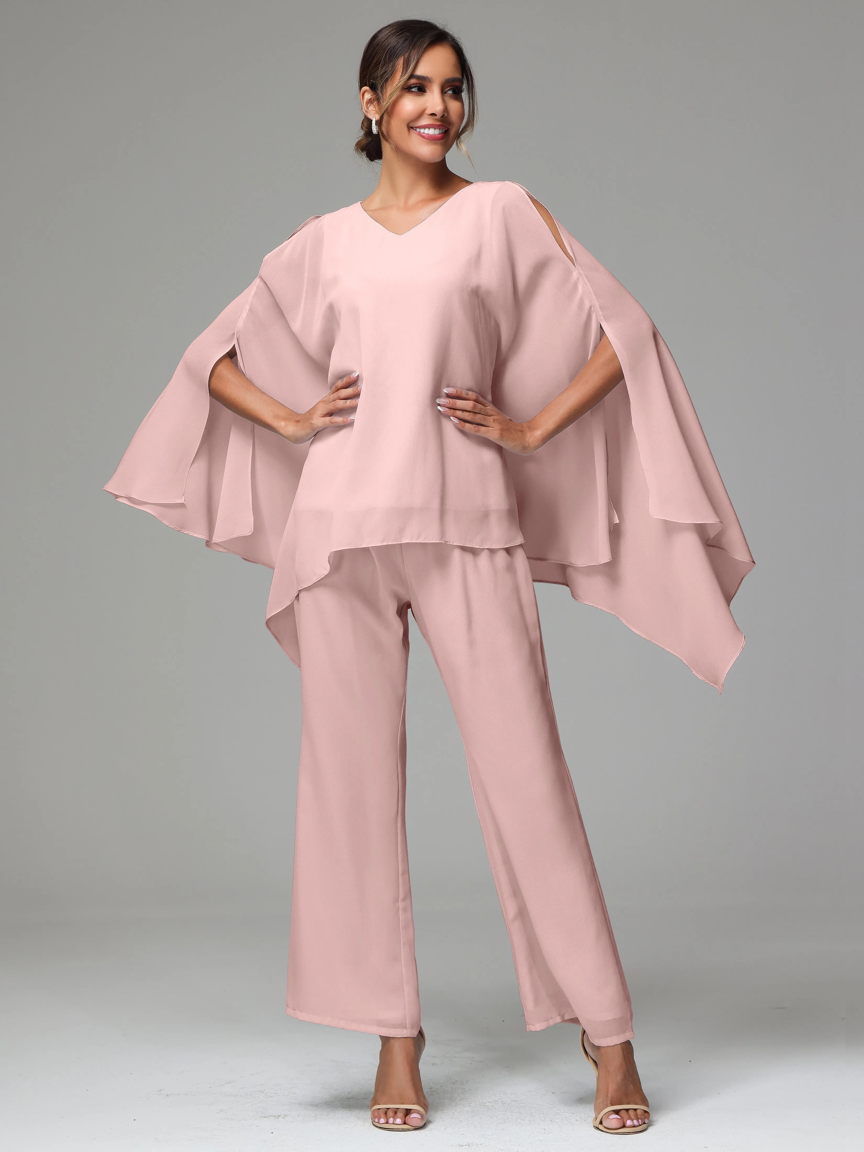 2 Pieces Flowy Split Sleeves Chiffon Mother Of The Bride Dress Pants Suits