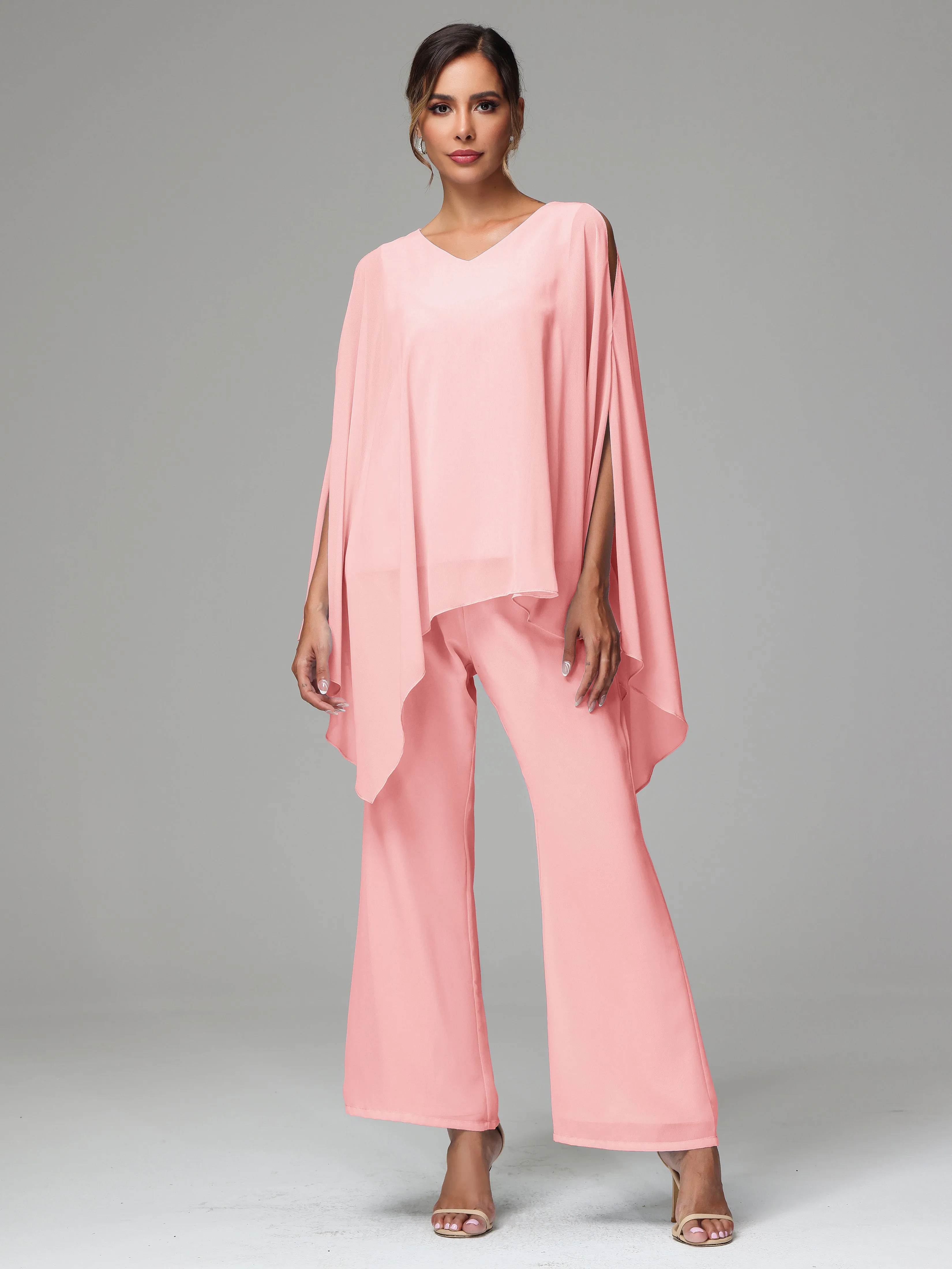 2 Pieces Flowy Split Sleeves Chiffon Mother Of The Bride Dress Pants Suits