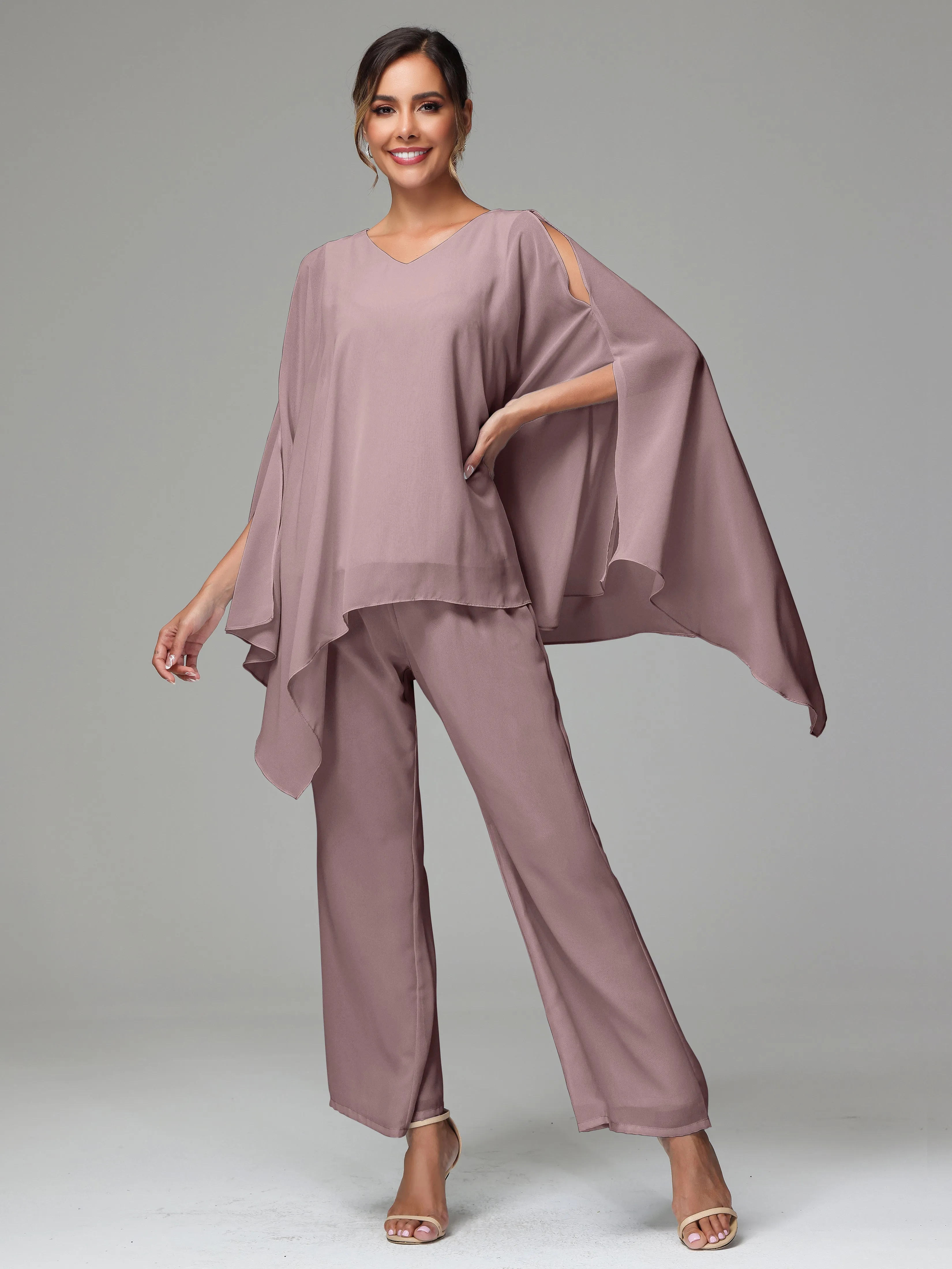 2 Pieces Flowy Split Sleeves Chiffon Mother Of The Bride Dress Pants Suits