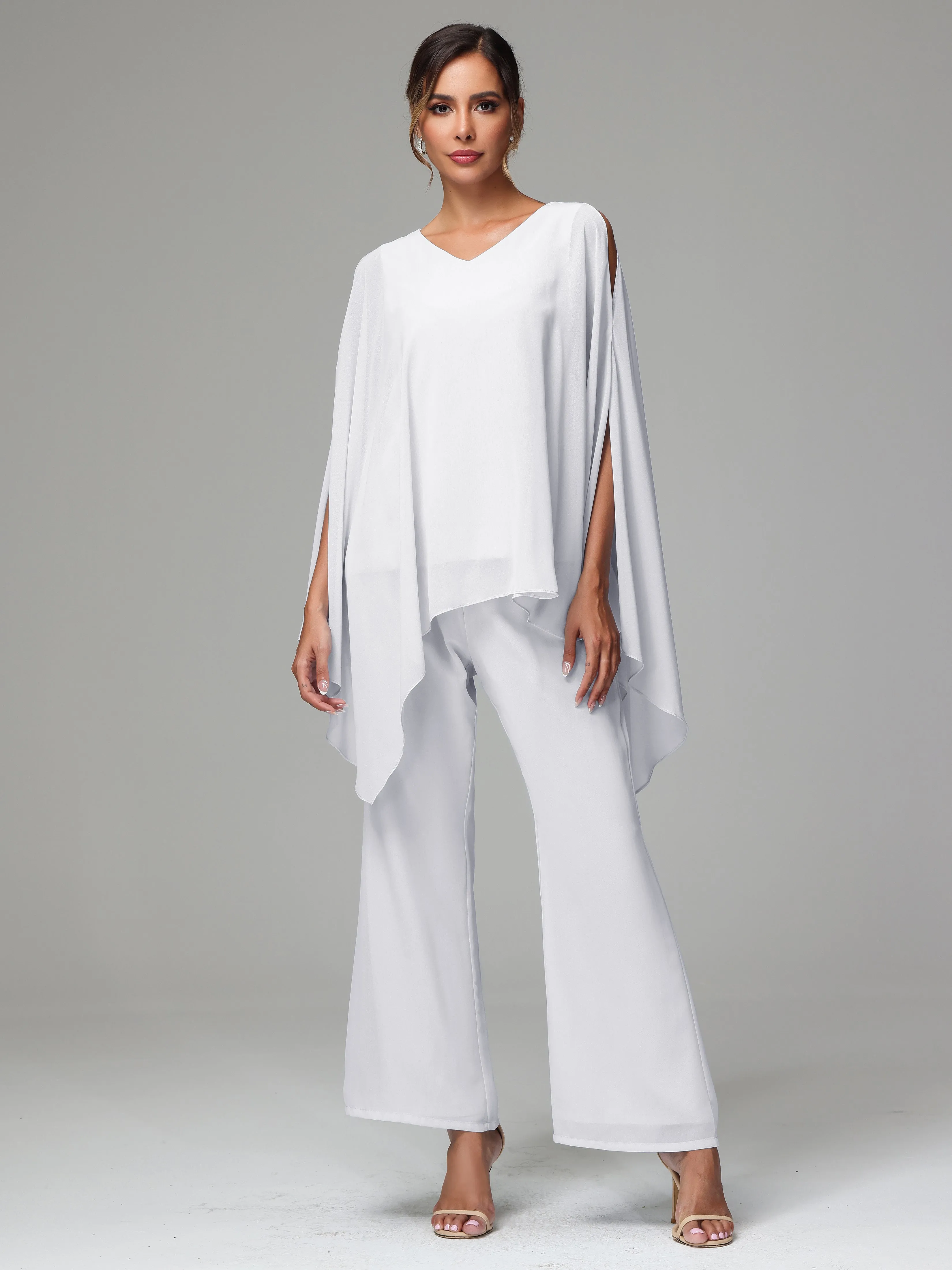 2 Pieces Flowy Split Sleeves Chiffon Mother Of The Bride Dress Pants Suits