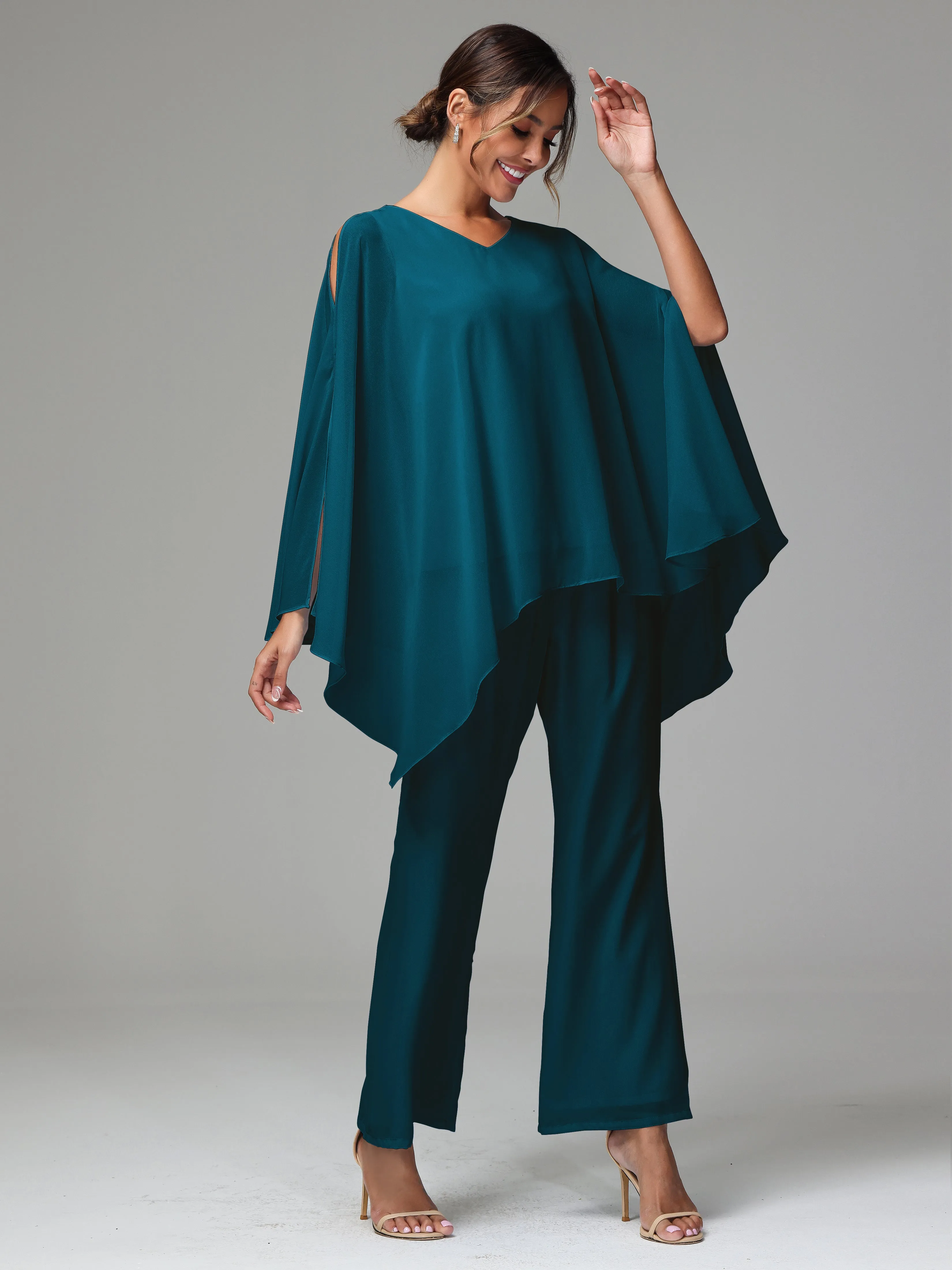 2 Pieces Flowy Split Sleeves Chiffon Mother Of The Bride Dress Pants Suits
