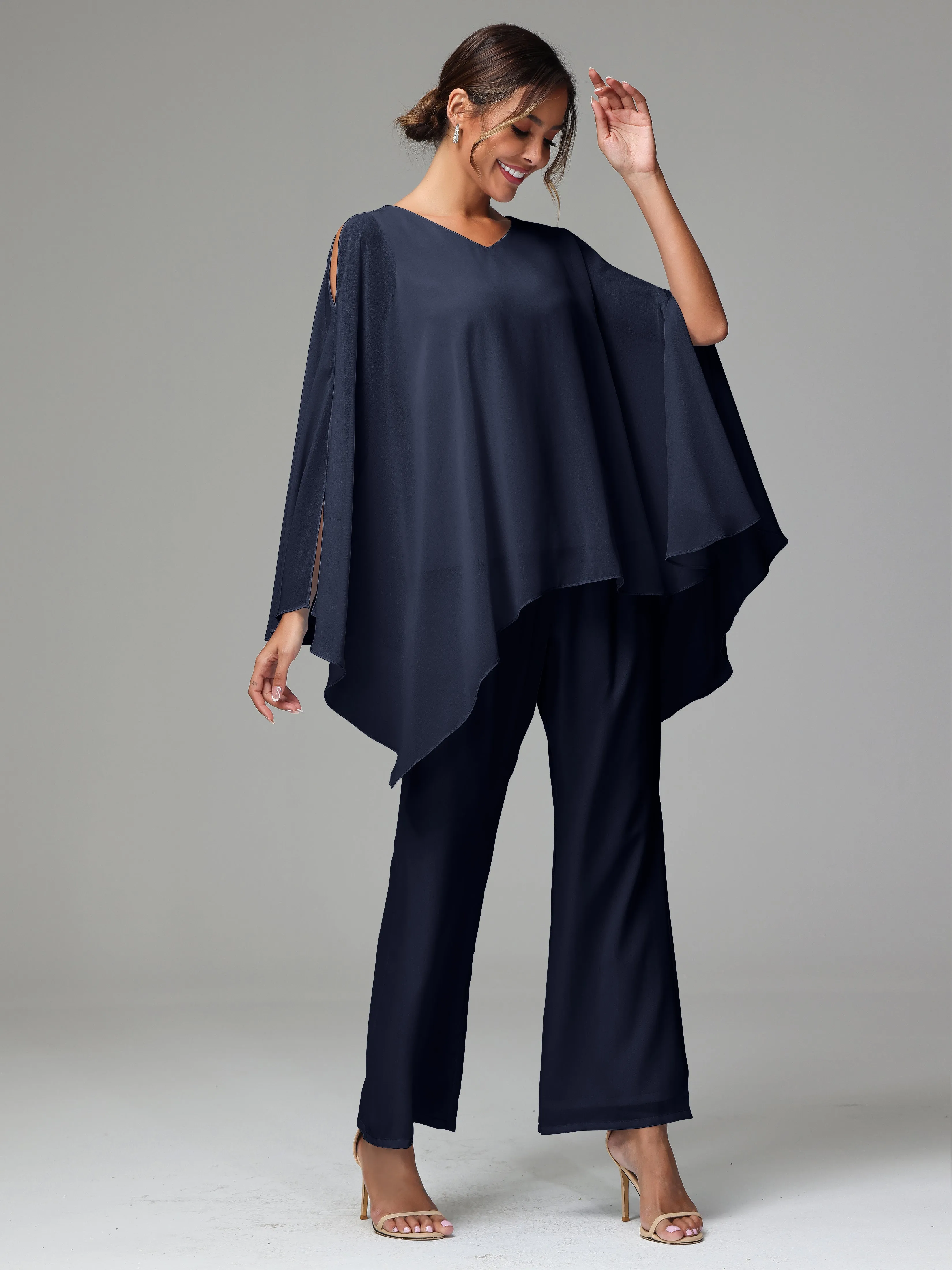 2 Pieces Flowy Split Sleeves Chiffon Mother Of The Bride Dress Pants Suits