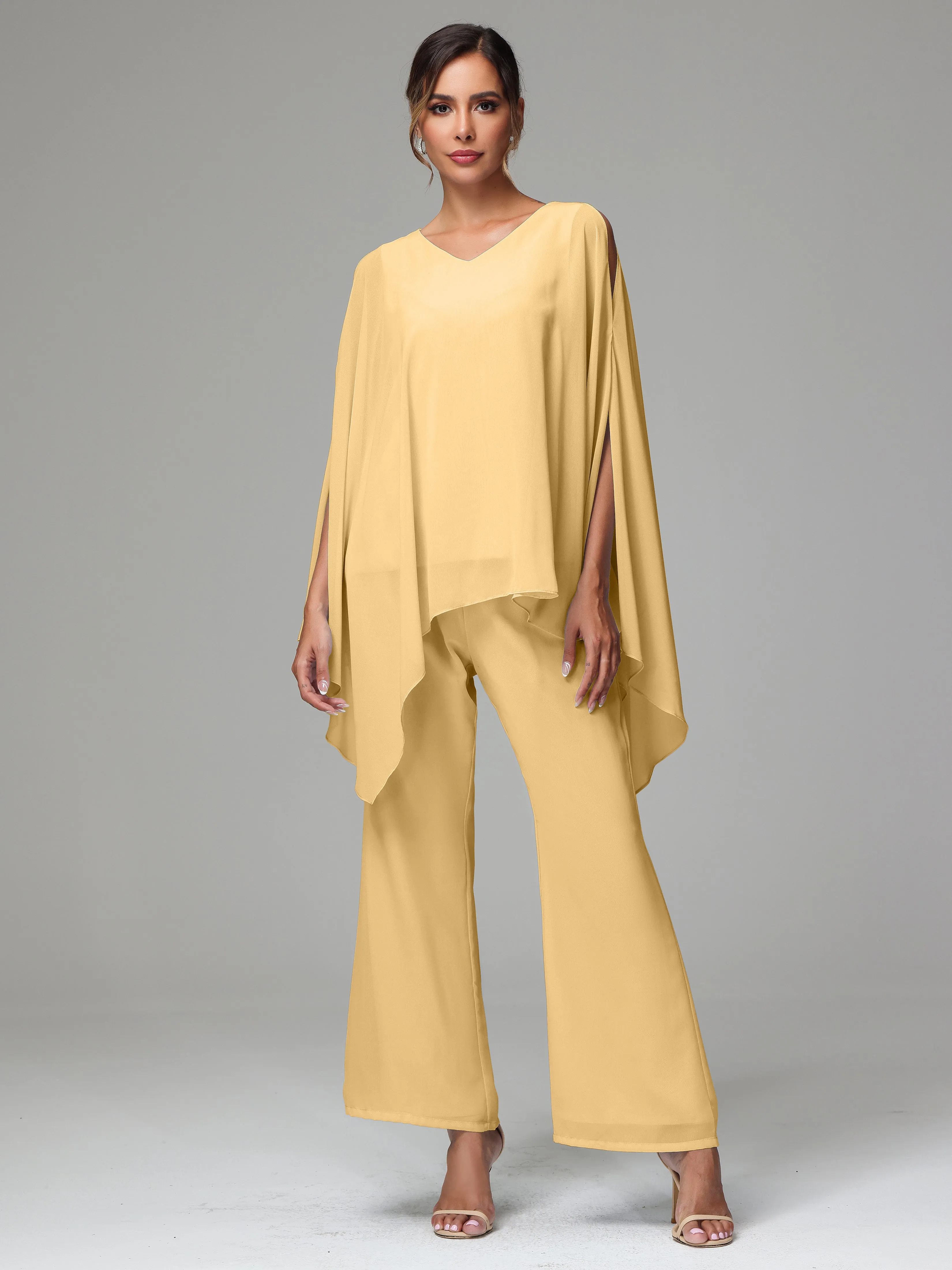 2 Pieces Flowy Split Sleeves Chiffon Mother Of The Bride Dress Pants Suits