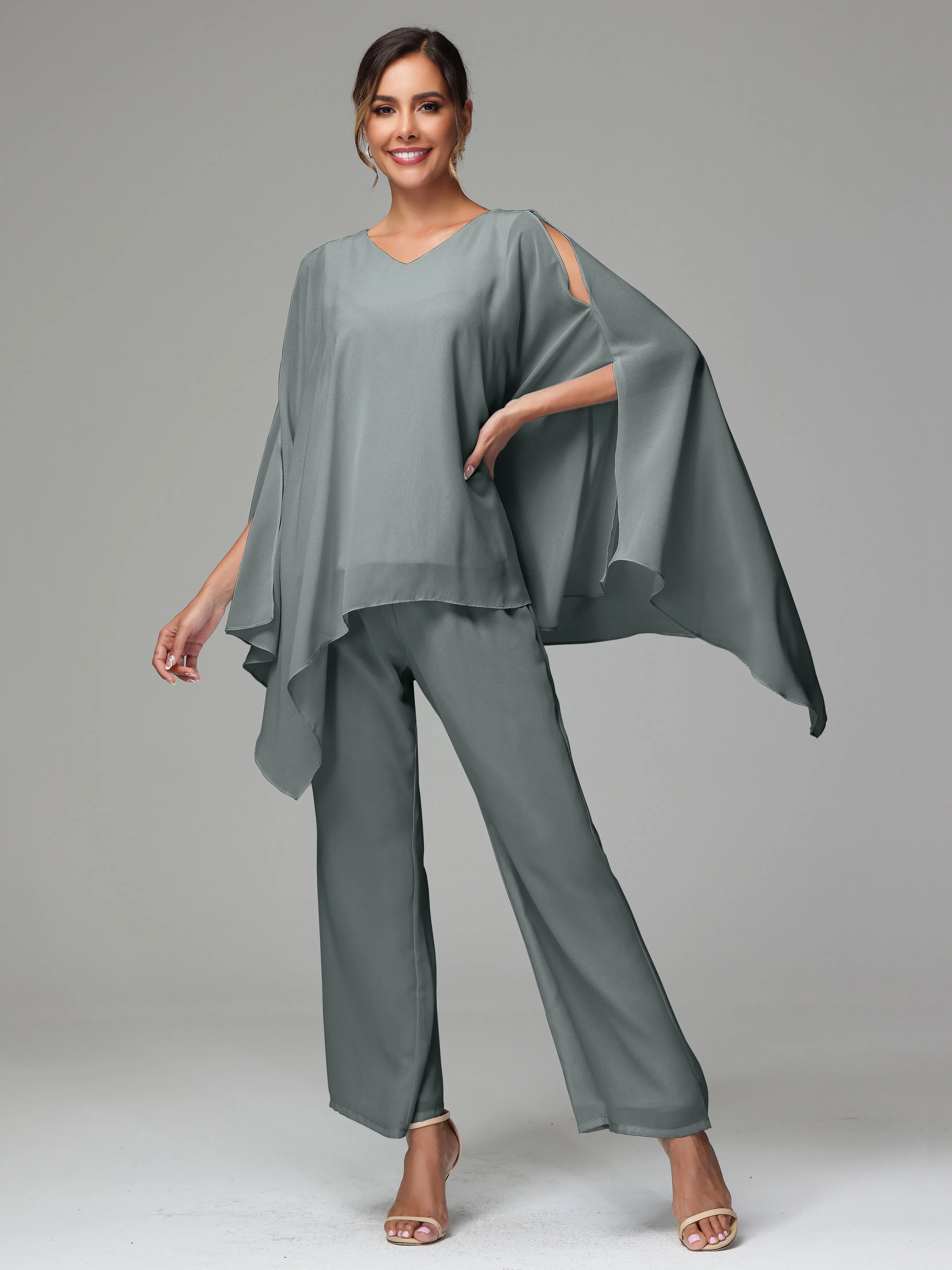 2 Pieces Flowy Split Sleeves Chiffon Mother Of The Bride Dress Pants Suits