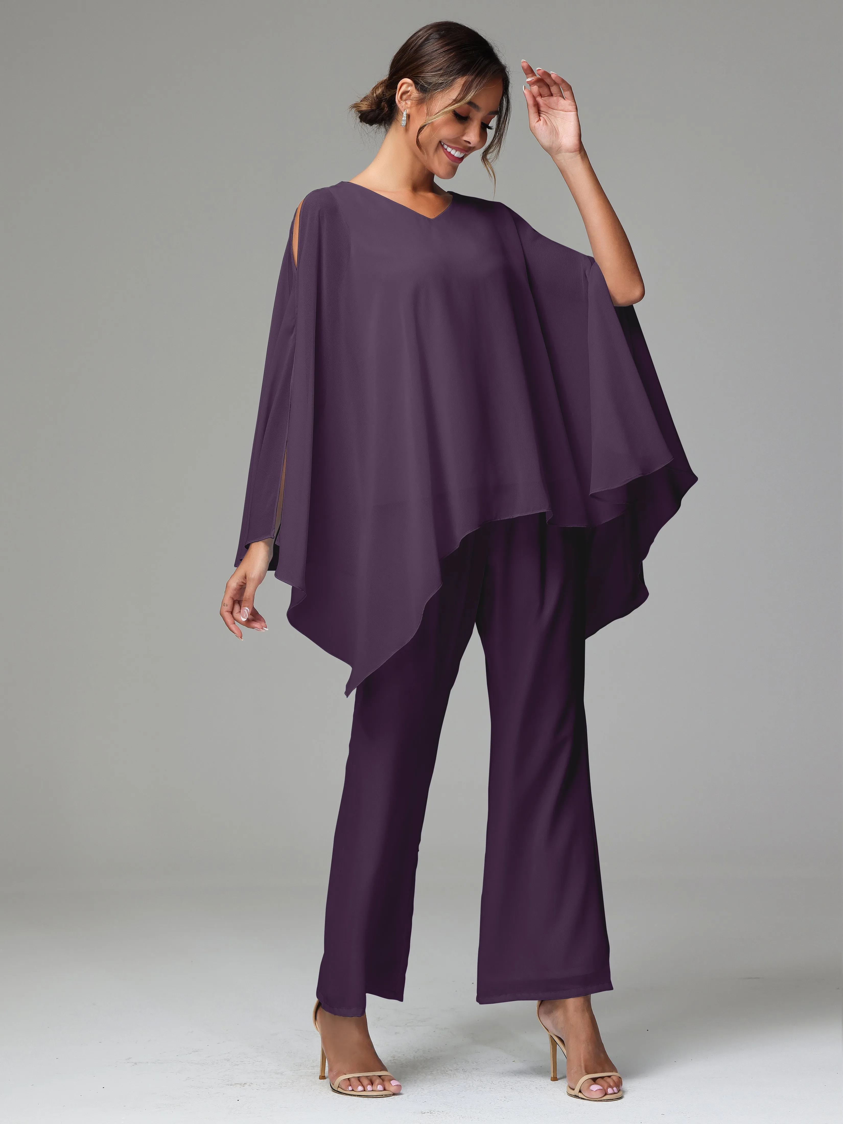 2 Pieces Flowy Split Sleeves Chiffon Mother Of The Bride Dress Pants Suits