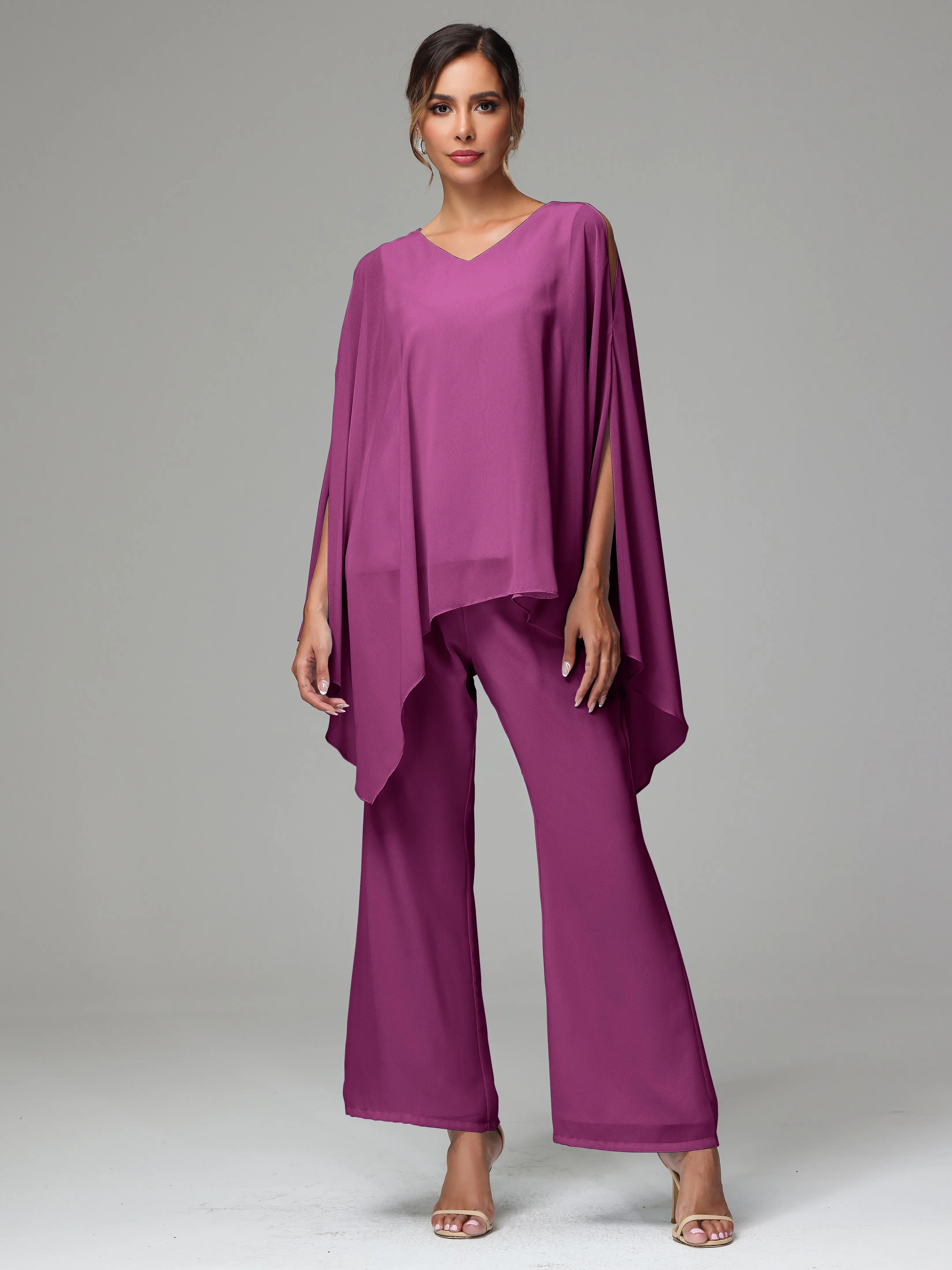 2 Pieces Flowy Split Sleeves Chiffon Mother Of The Bride Dress Pants Suits