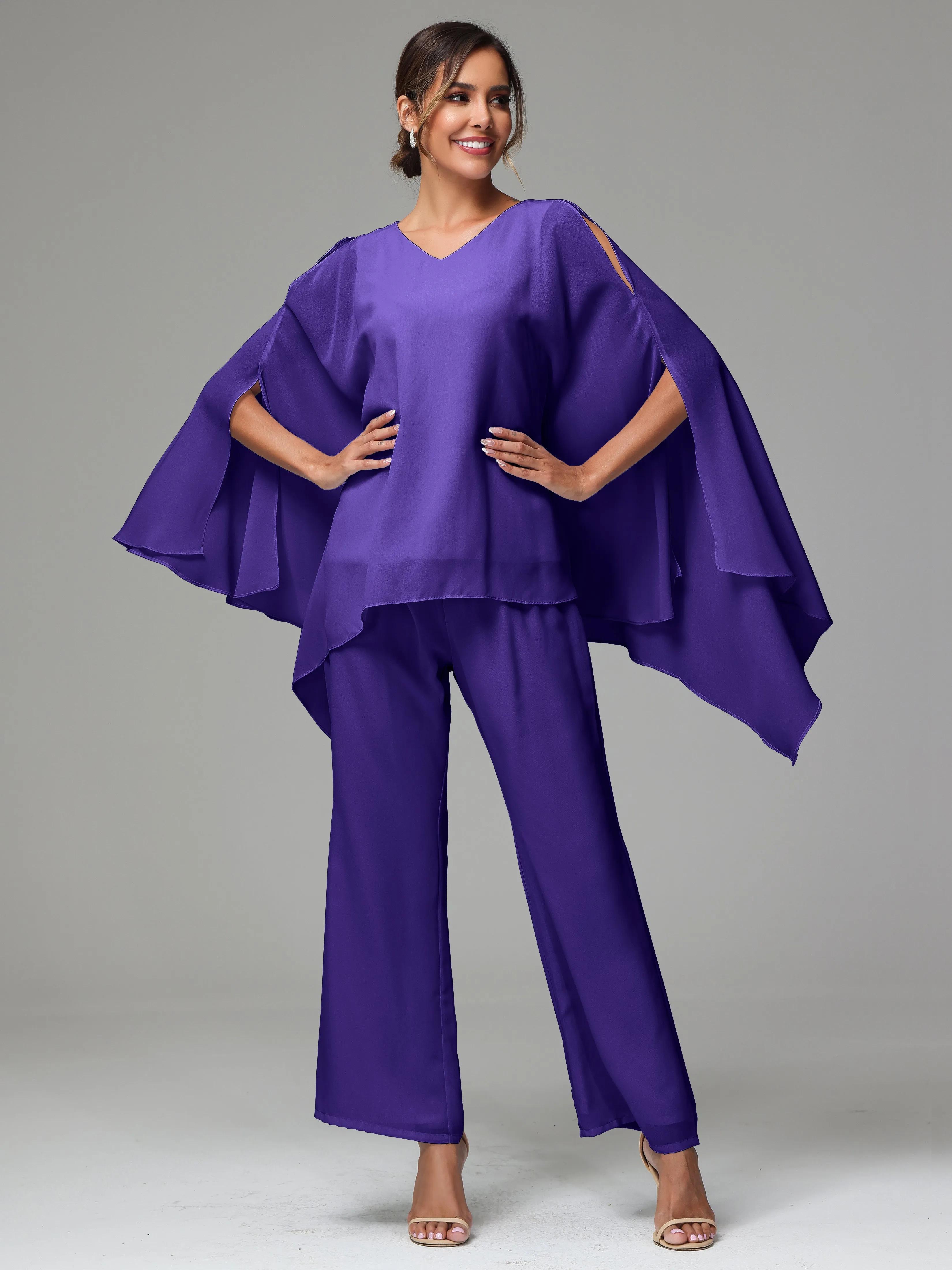 2 Pieces Flowy Split Sleeves Chiffon Mother Of The Bride Dress Pants Suits
