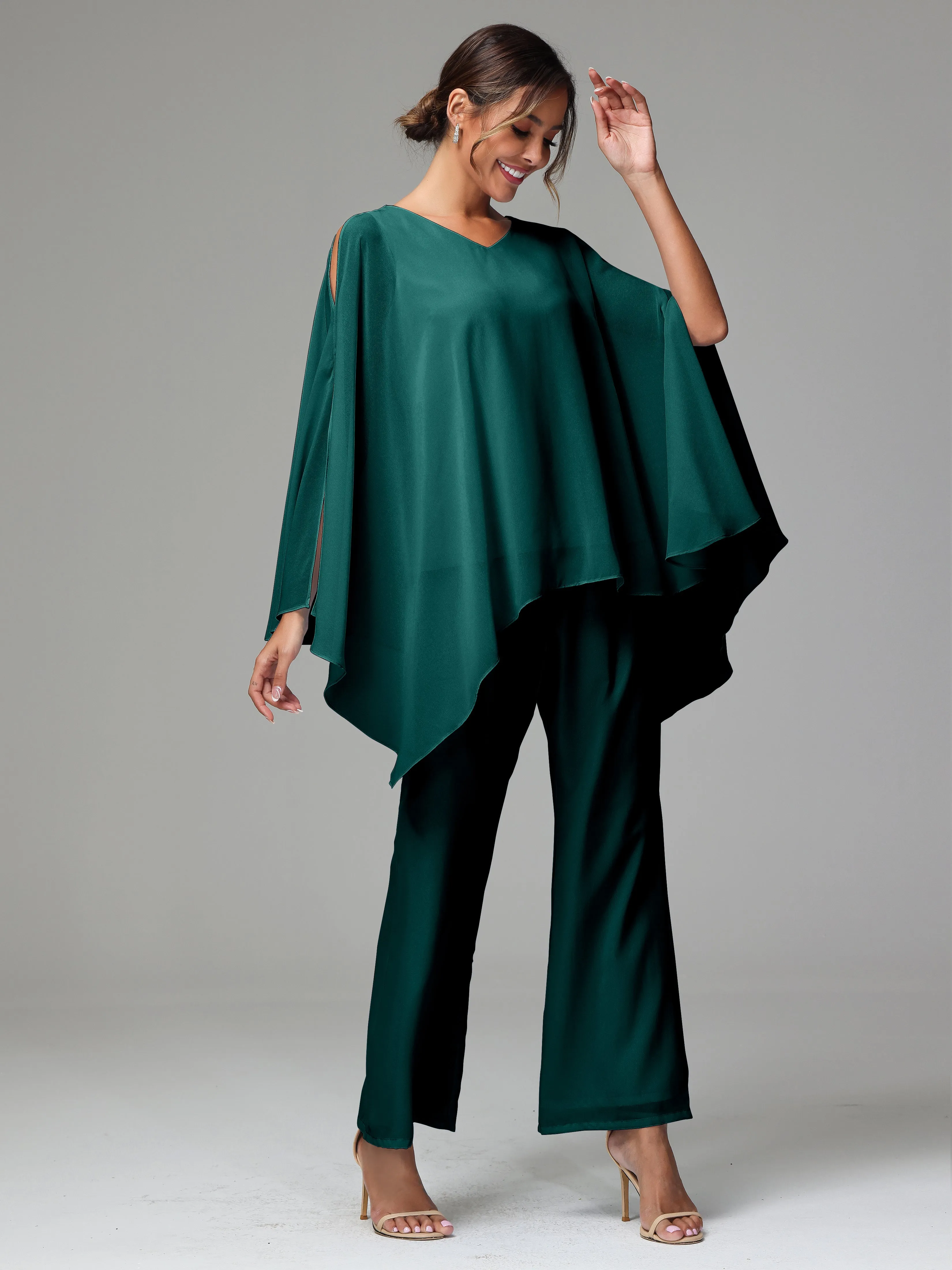 2 Pieces Flowy Split Sleeves Chiffon Mother Of The Bride Dress Pants Suits