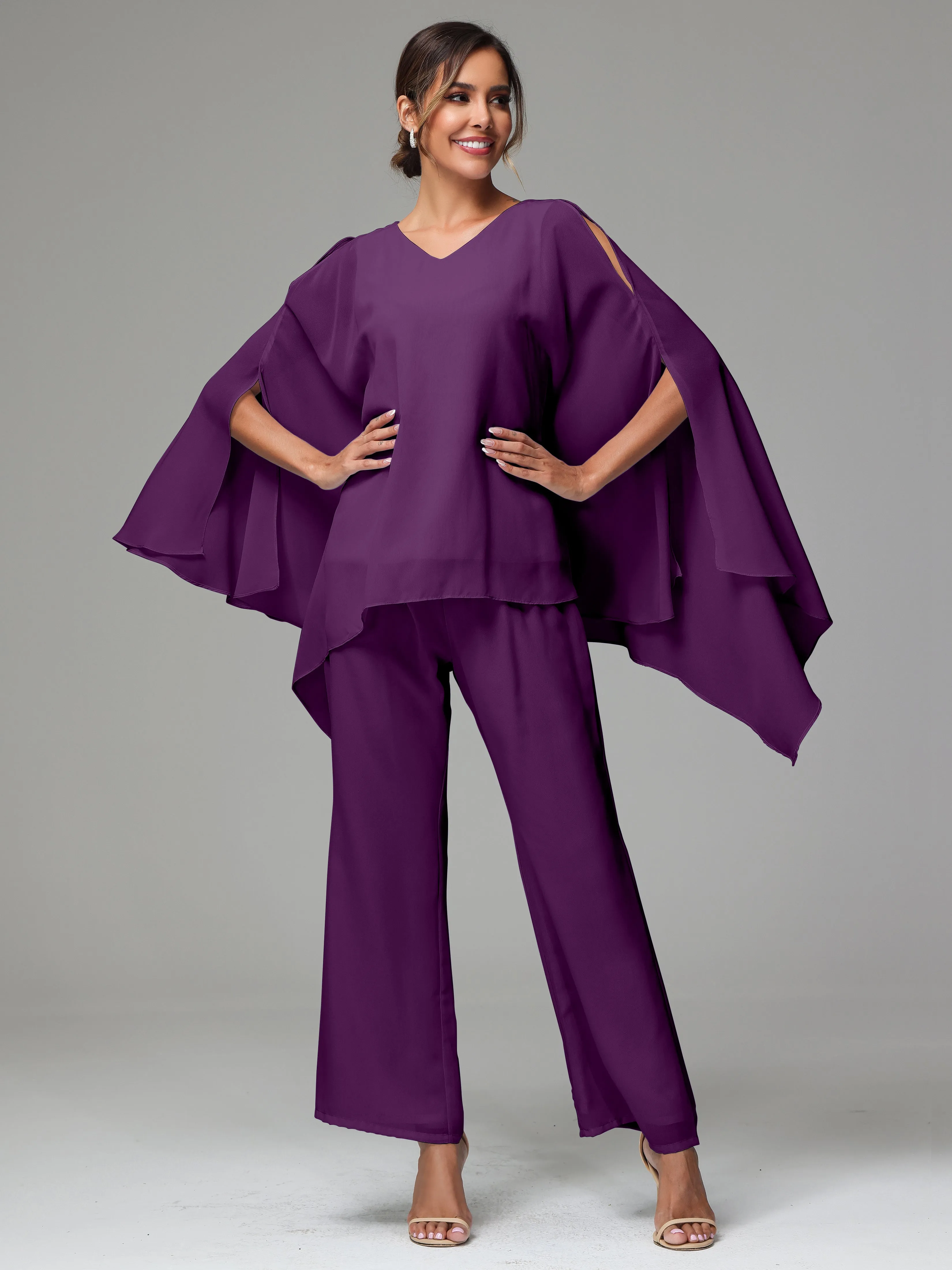2 Pieces Flowy Split Sleeves Chiffon Mother Of The Bride Dress Pants Suits