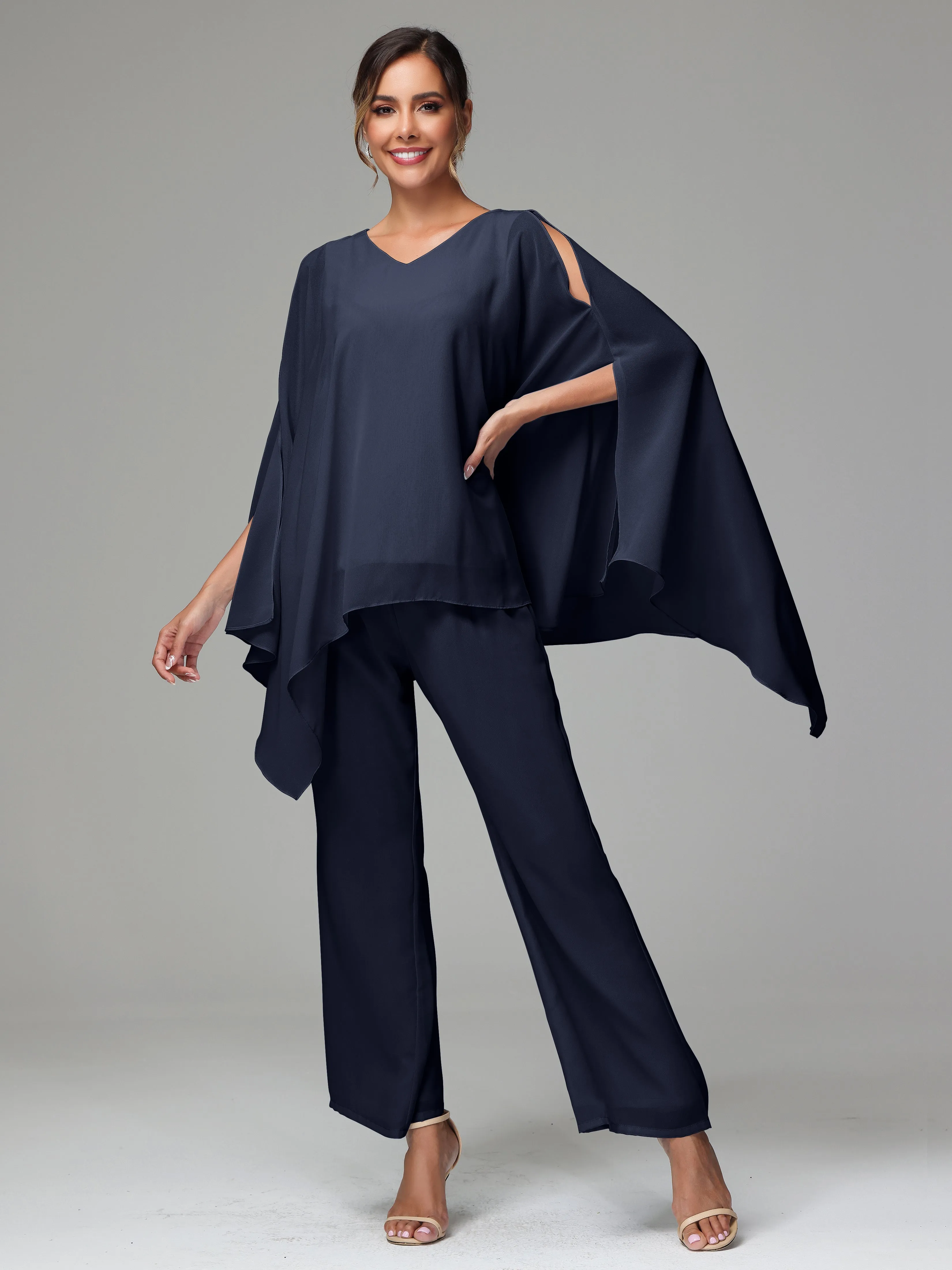 2 Pieces Flowy Split Sleeves Chiffon Mother Of The Bride Dress Pants Suits