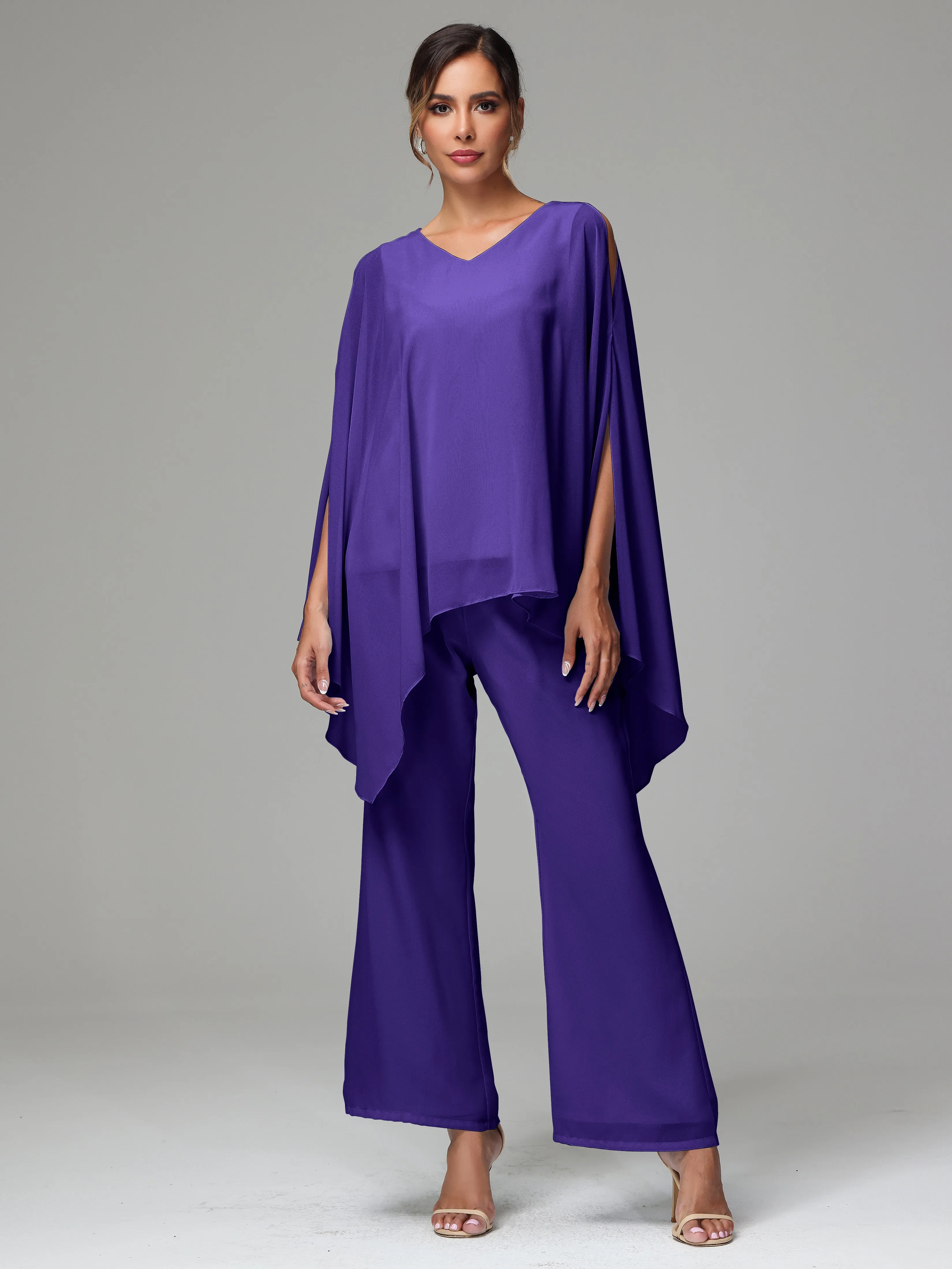 2 Pieces Flowy Split Sleeves Chiffon Mother Of The Bride Dress Pants Suits