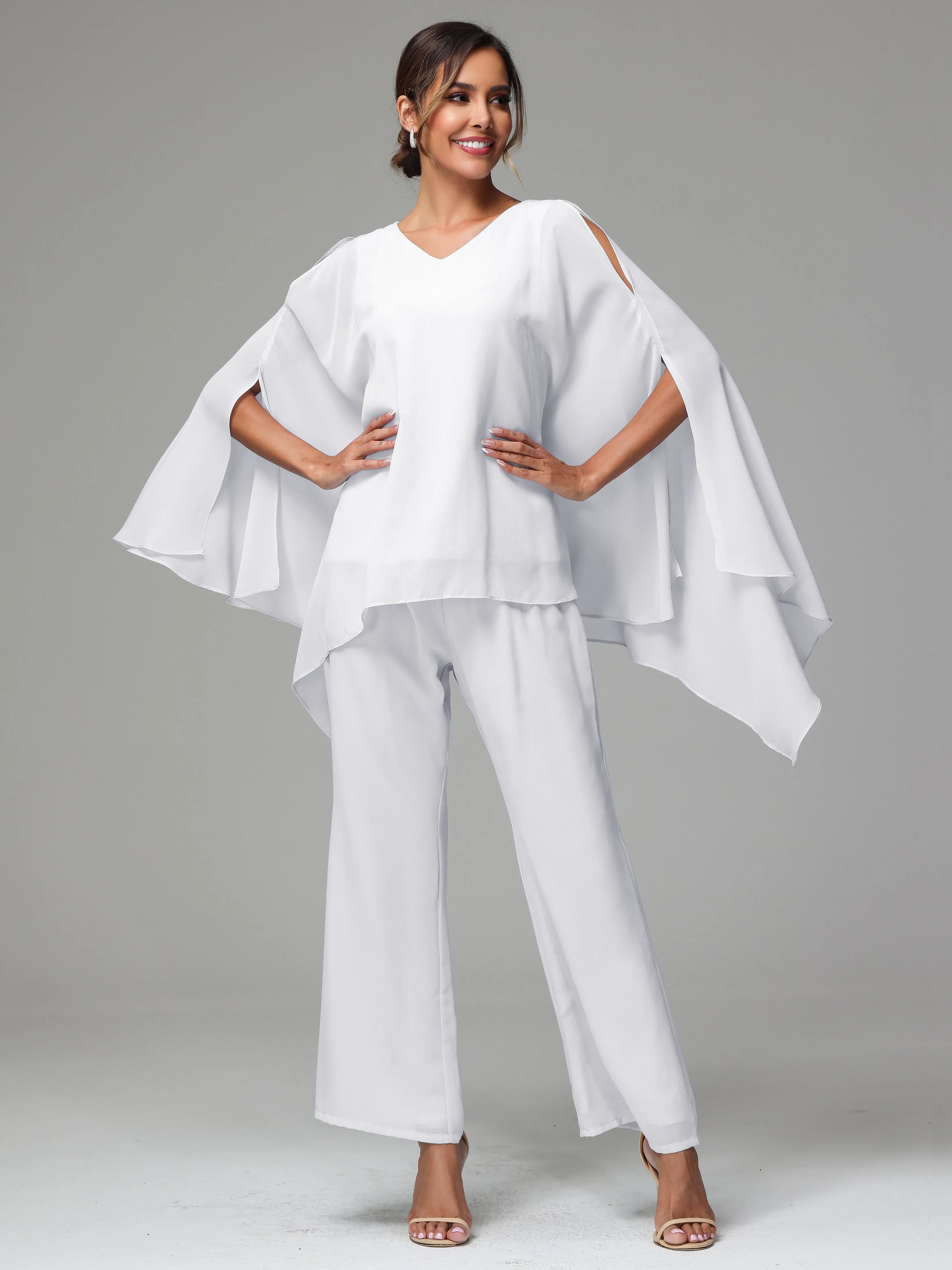 2 Pieces Flowy Split Sleeves Chiffon Mother Of The Bride Dress Pants Suits