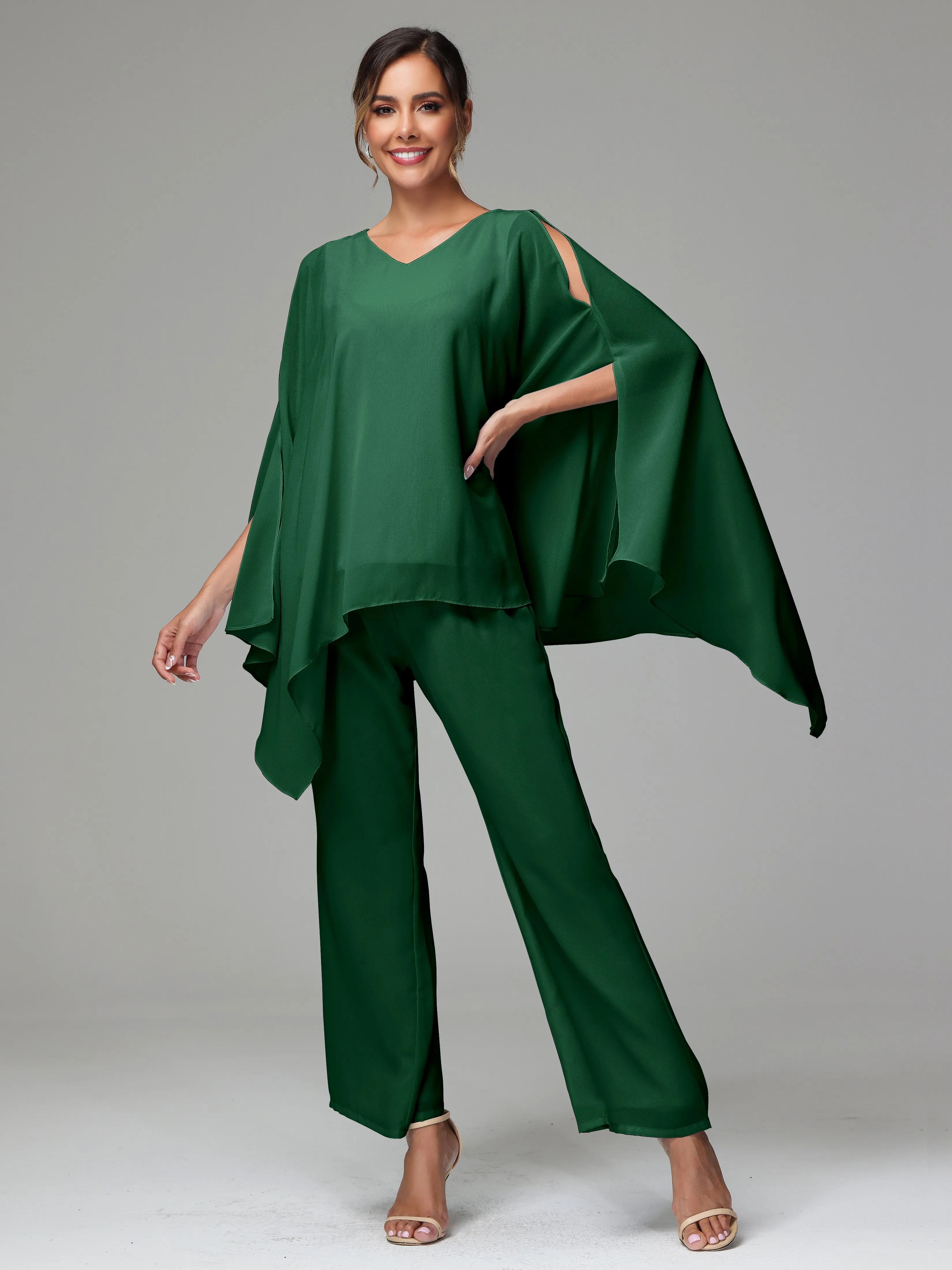 2 Pieces Flowy Split Sleeves Chiffon Mother Of The Bride Dress Pants Suits