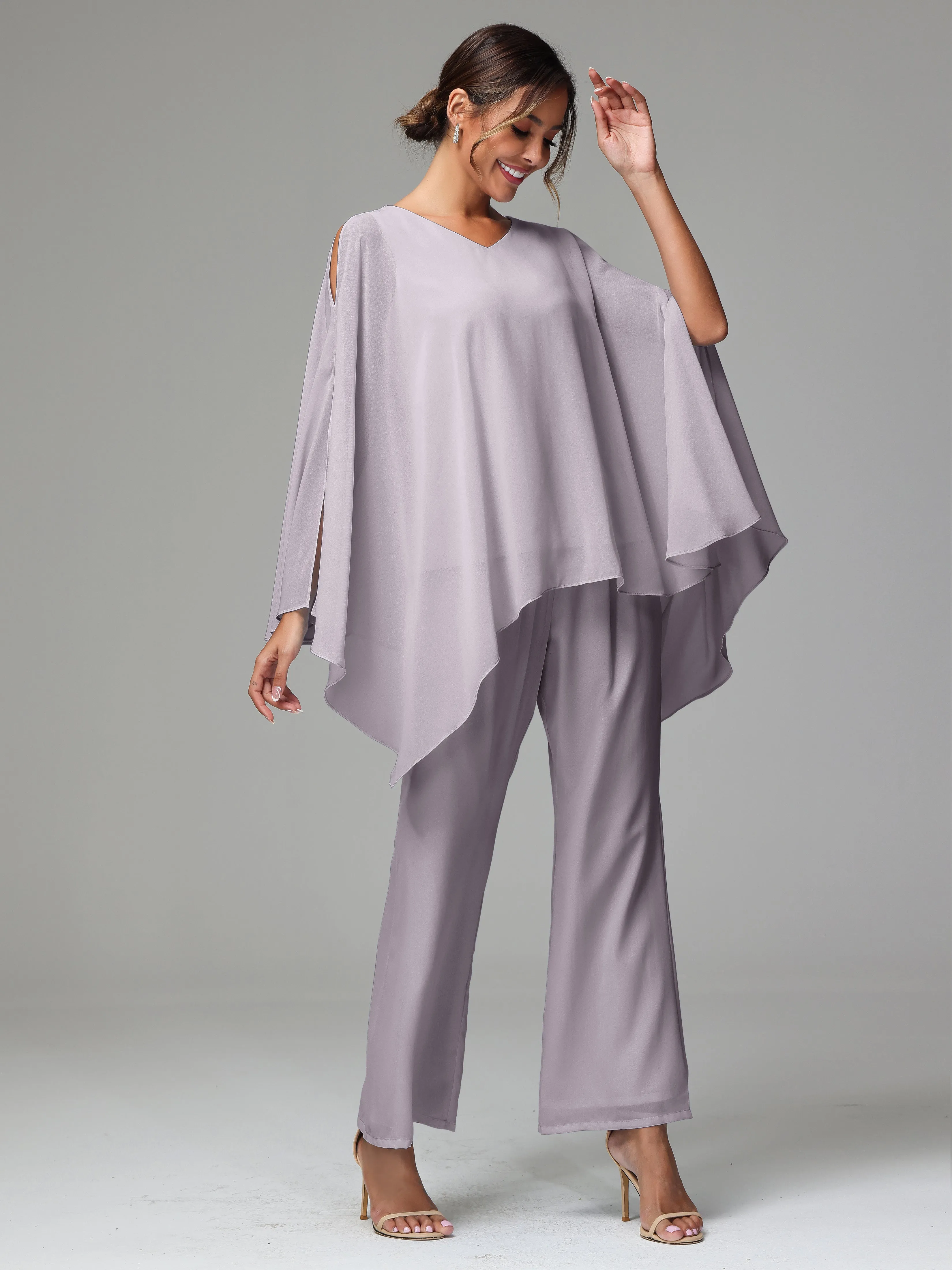 2 Pieces Flowy Split Sleeves Chiffon Mother Of The Bride Dress Pants Suits