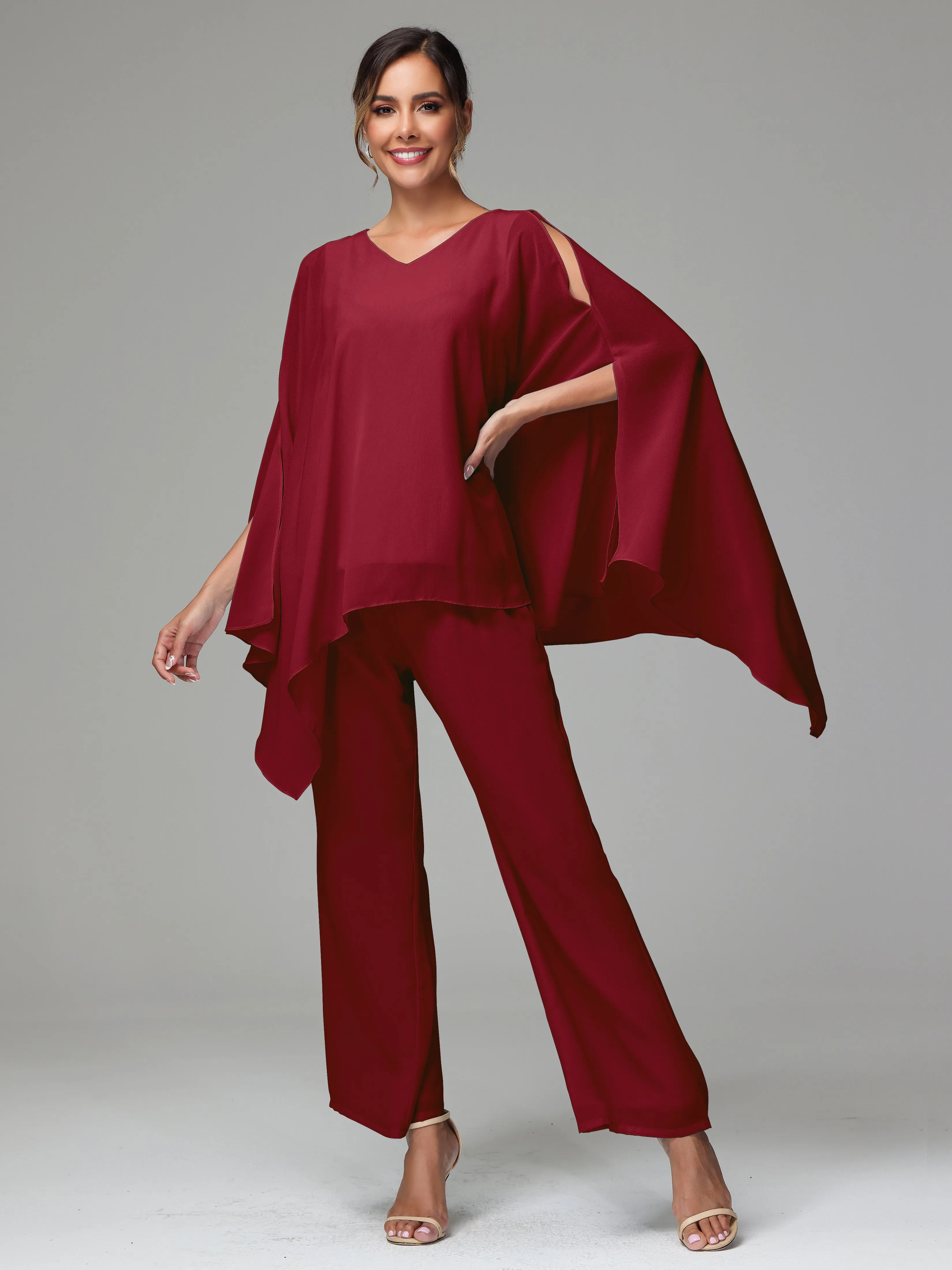 2 Pieces Flowy Split Sleeves Chiffon Mother Of The Bride Dress Pants Suits