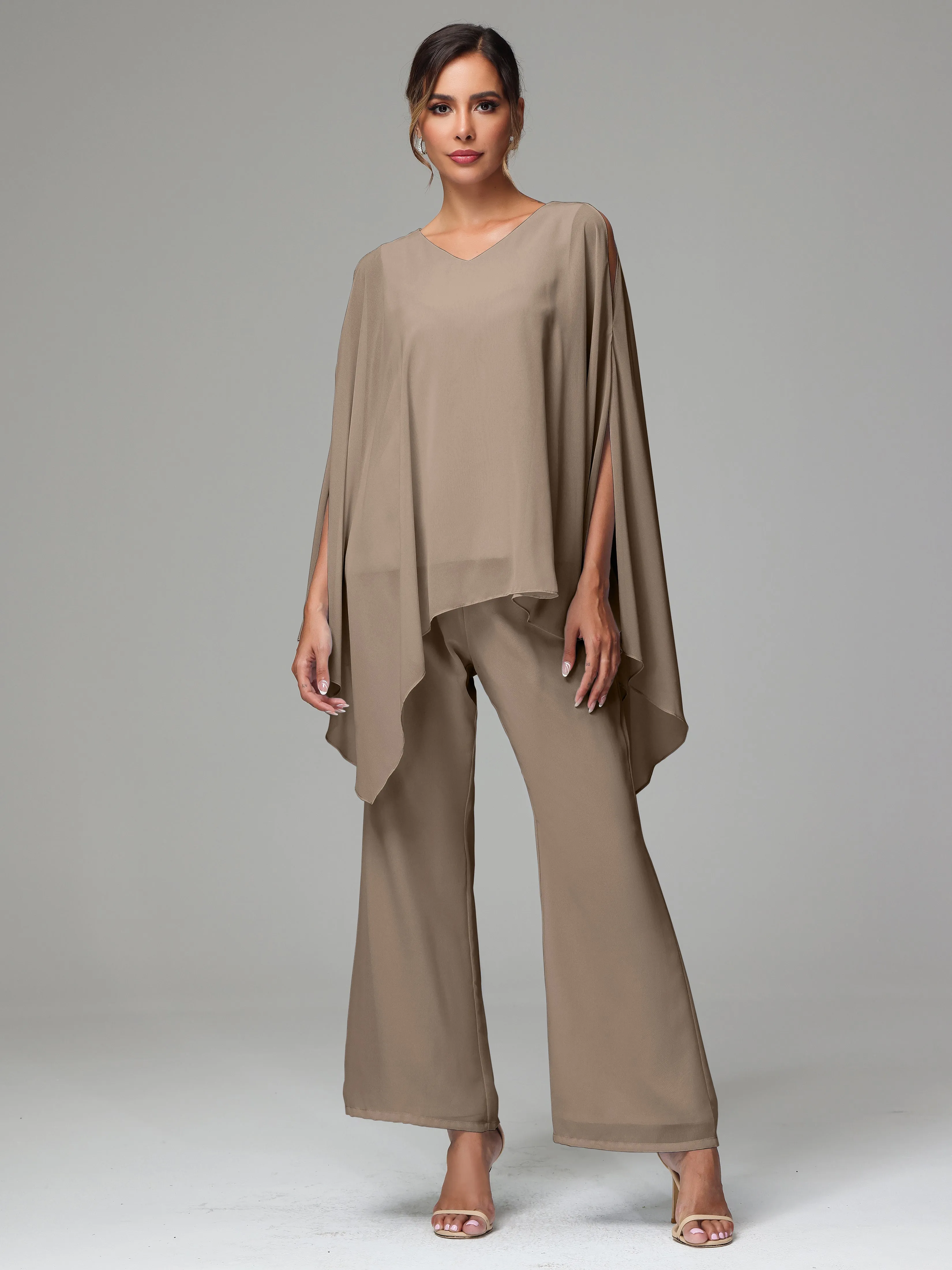 2 Pieces Flowy Split Sleeves Chiffon Mother Of The Bride Dress Pants Suits