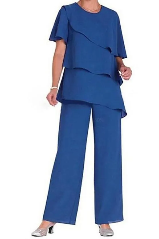 2 Pieces Round Neck Short Sleeves Mother Of The Bride Dress Pants Suits