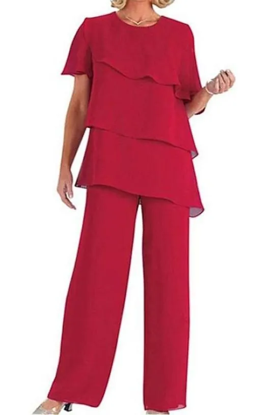 2 Pieces Round Neck Short Sleeves Mother Of The Bride Dress Pants Suits