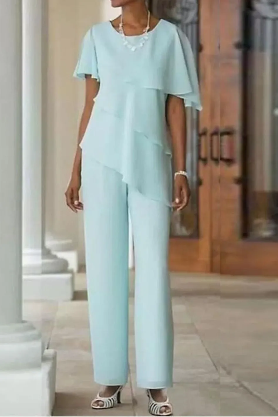 2 Pieces Round Neck Short Sleeves Mother Of The Bride Dress Pants Suits