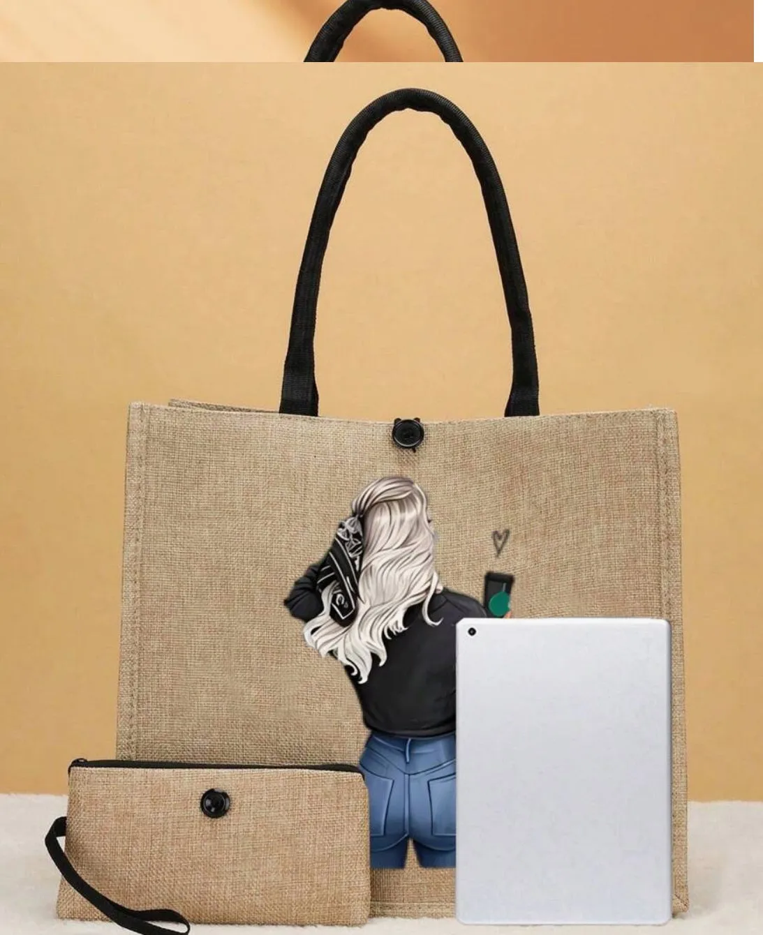 2 Pieces/Set Simple Floral Letter Printed Linen Tote Bag