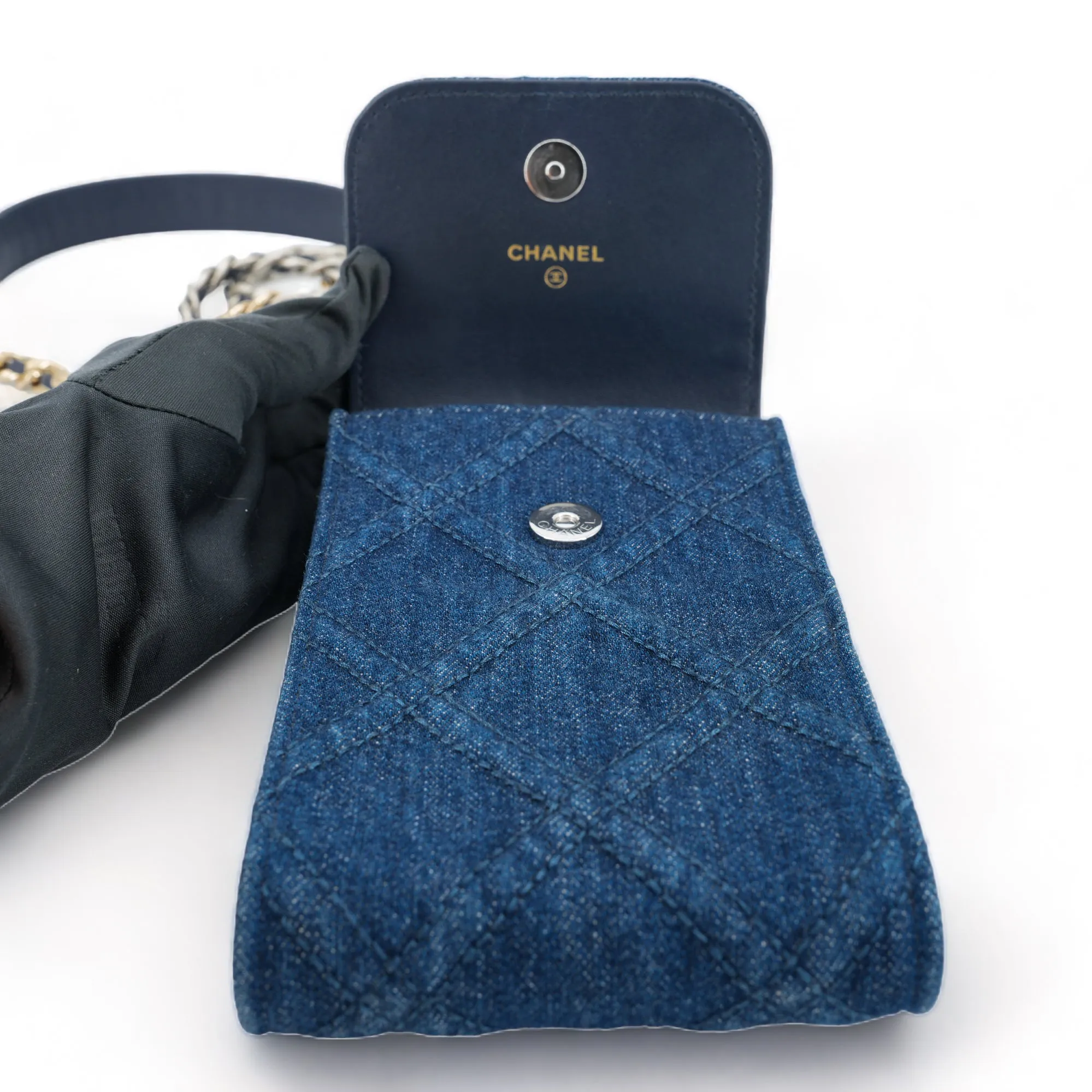 22P Denim Chanel 19 Phone Holder with Chain
