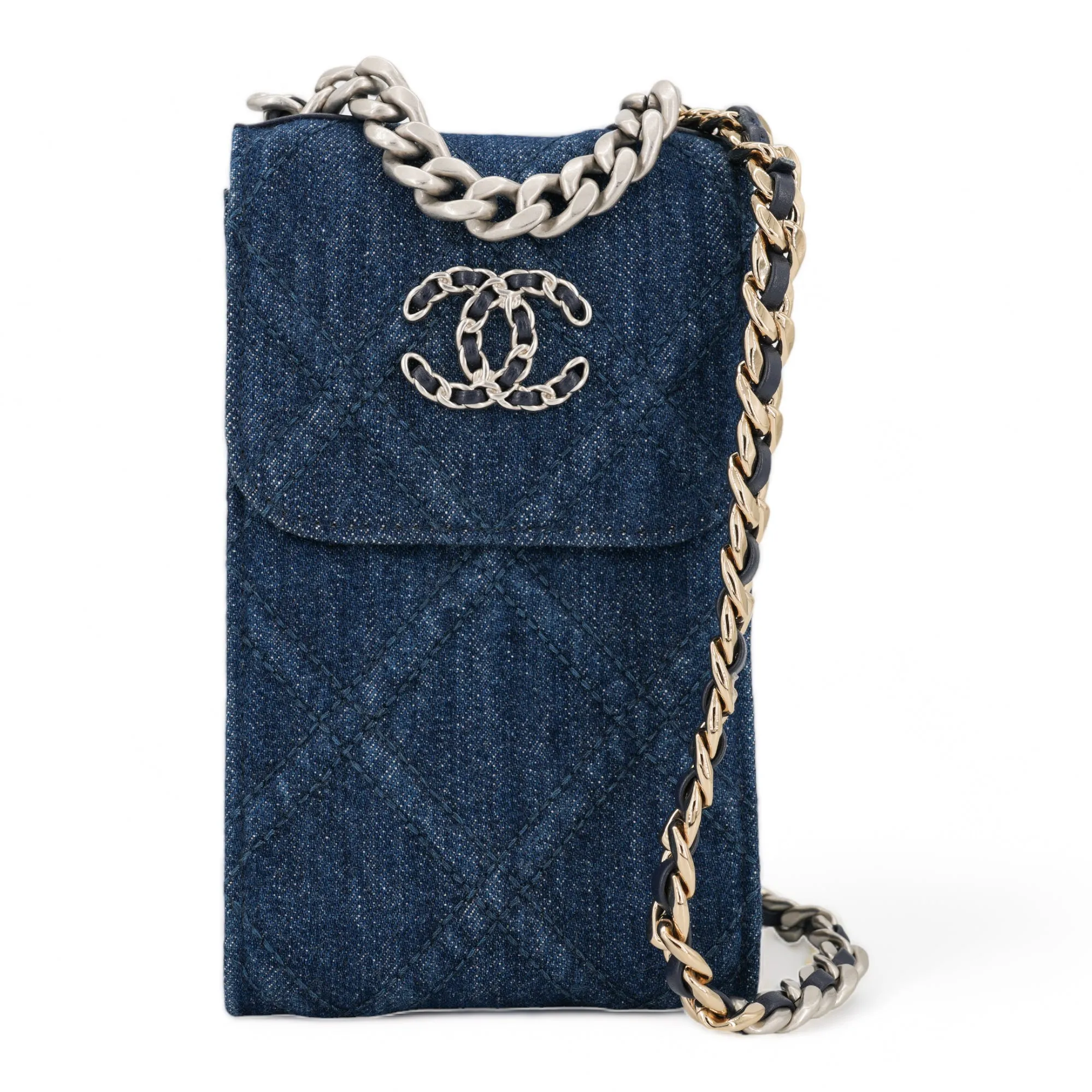 22P Denim Chanel 19 Phone Holder with Chain