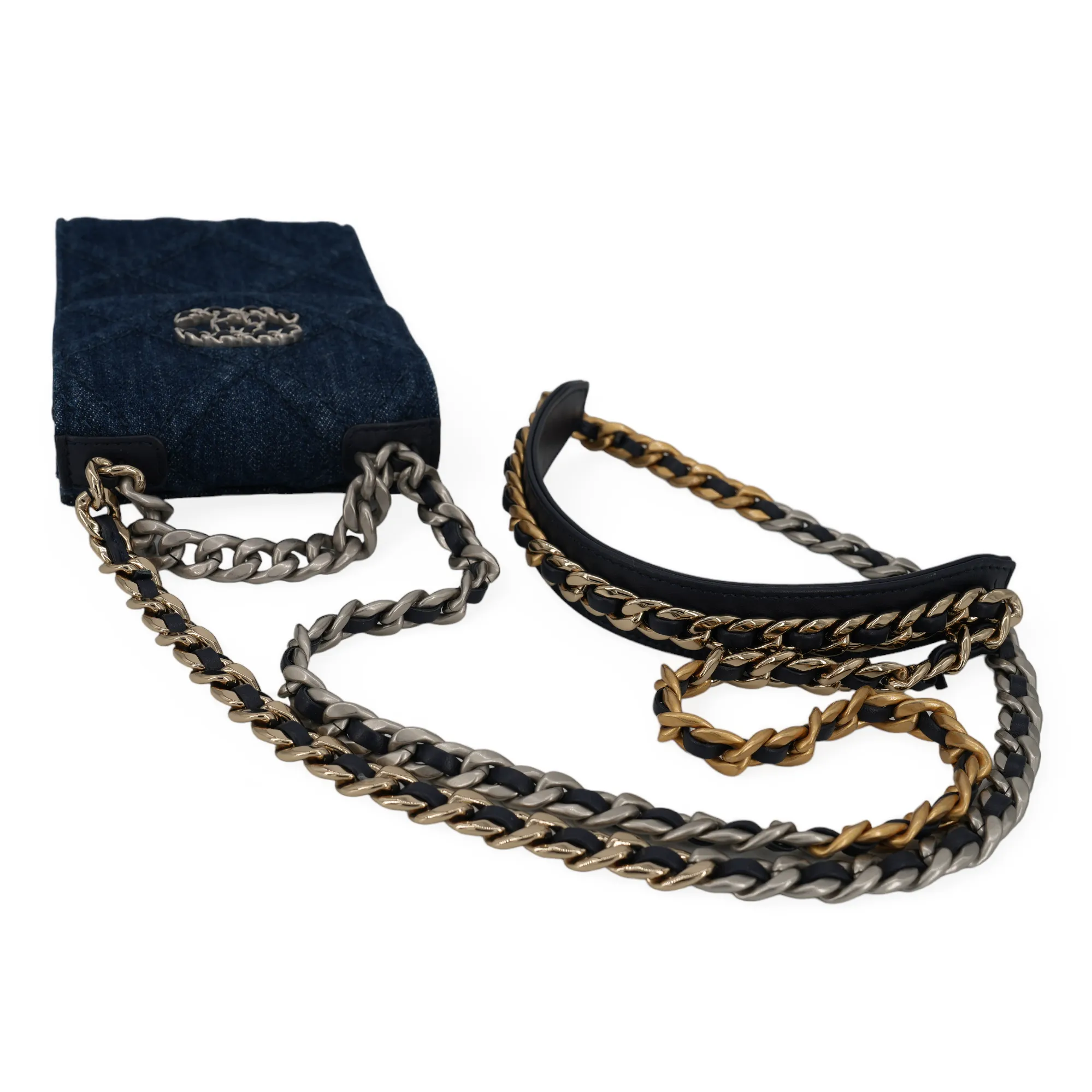 22P Denim Chanel 19 Phone Holder with Chain