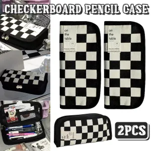 2PCS Student Checkerboard Pencil Bag Pencil Case Large Capacity Stationery Bags