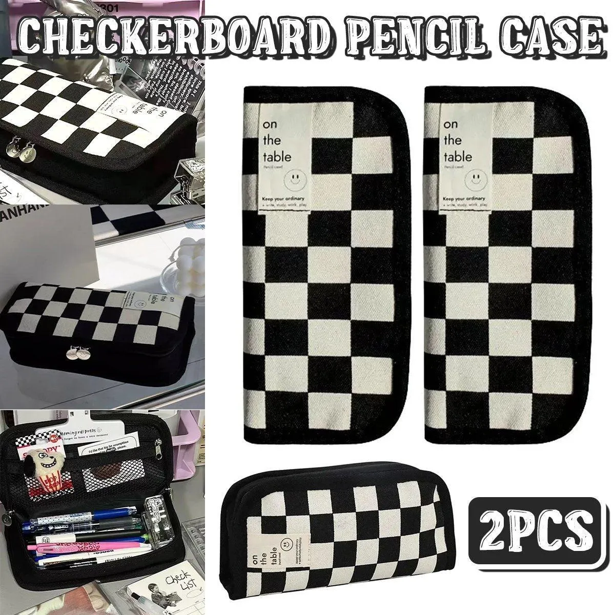2PCS Student Checkerboard Pencil Bag Pencil Case Large Capacity Stationery Bags