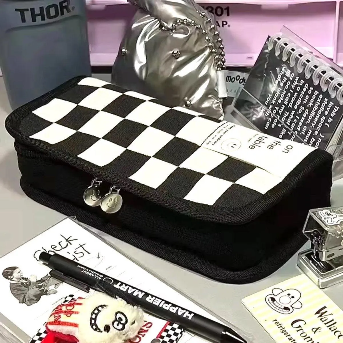 2PCS Student Checkerboard Pencil Bag Pencil Case Large Capacity Stationery Bags