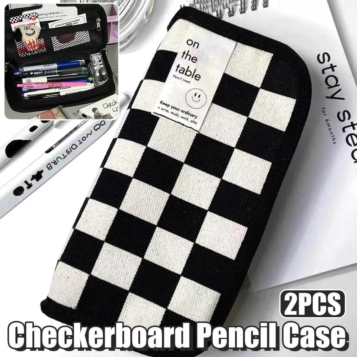 2PCS Student Checkerboard Pencil Bag Pencil Case Large Capacity Stationery Bags