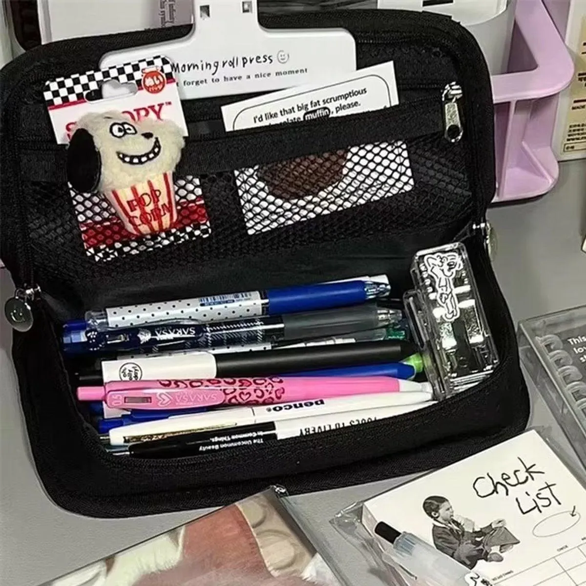 2PCS Student Checkerboard Pencil Bag Pencil Case Large Capacity Stationery Bags