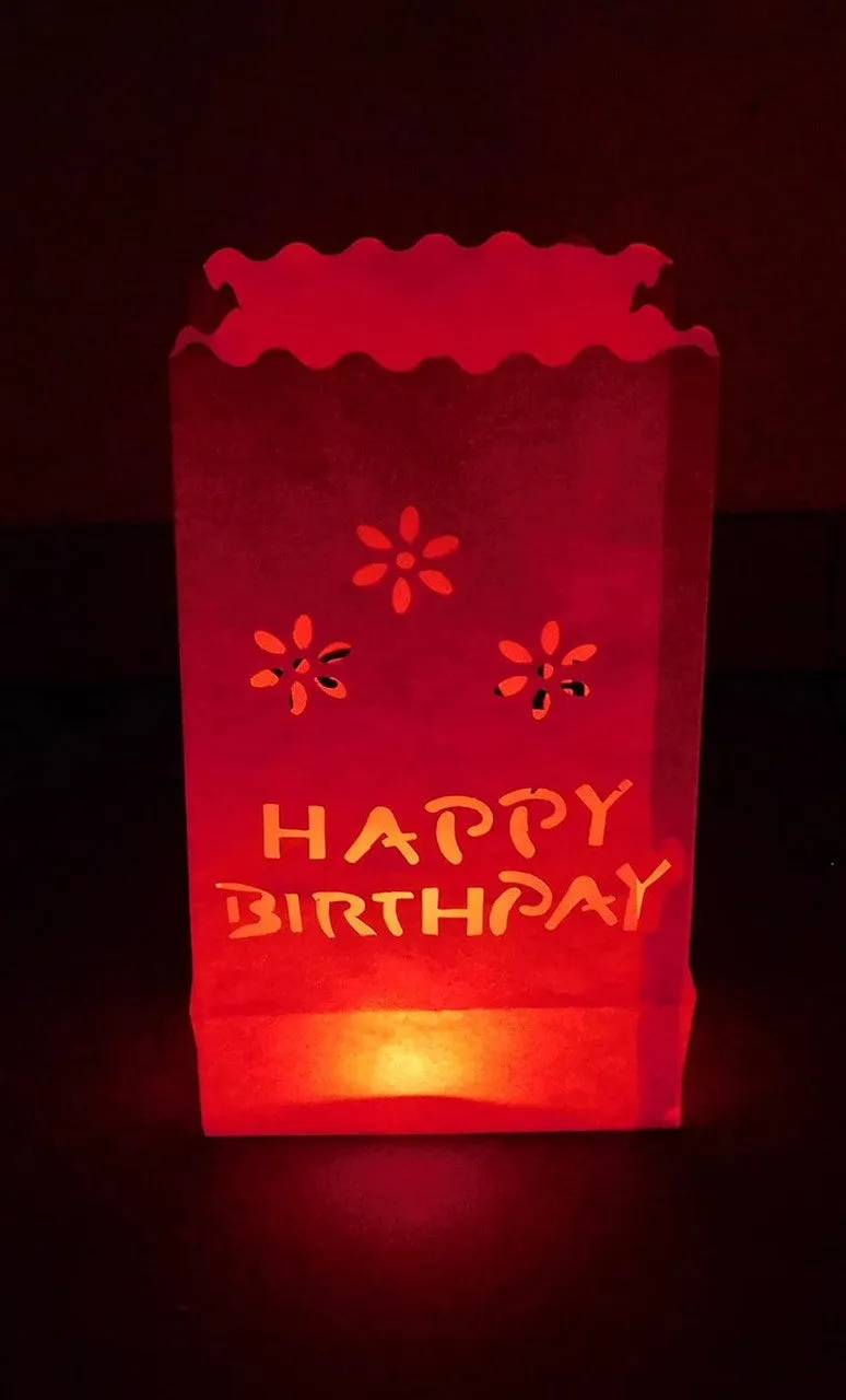 50 Pack Red Happy Birthday Luminary Paper Candle Tea Light Lantern Bags Garden Anniversary Birthday Night Decorations Evening Party