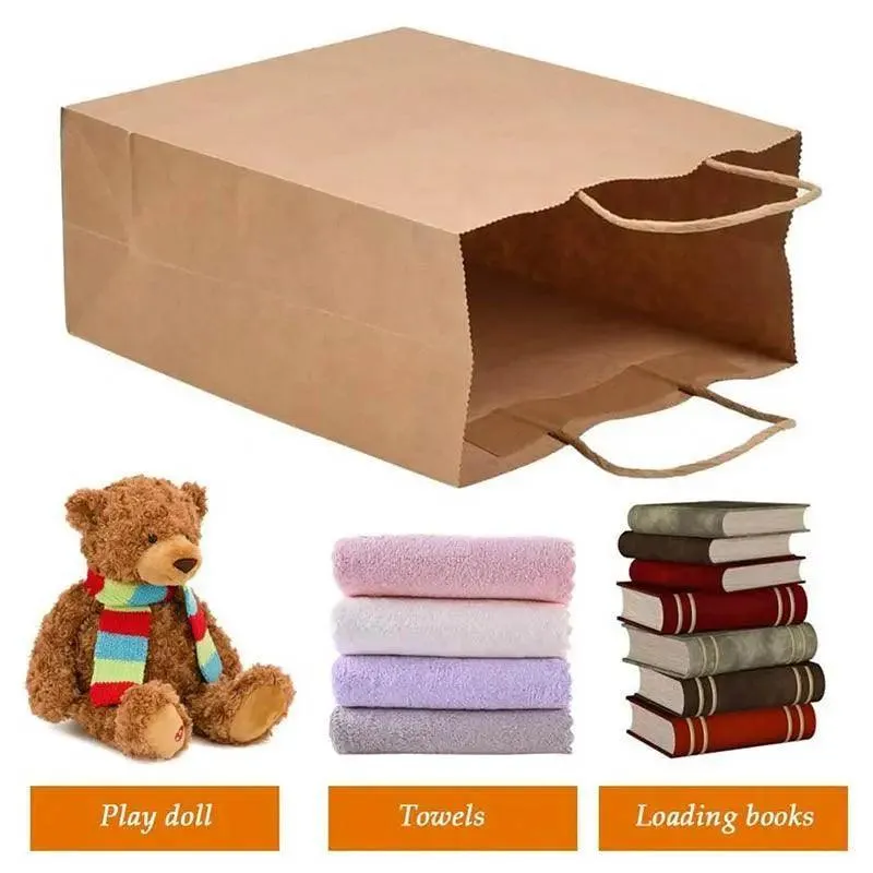 50X Kraft Paper Bags Gift Shopping Carry Craft Brown Bag With Handles