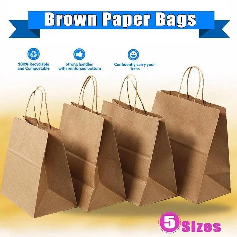 50X Kraft Paper Bags Gift Shopping Carry Craft Brown Bag With Handles