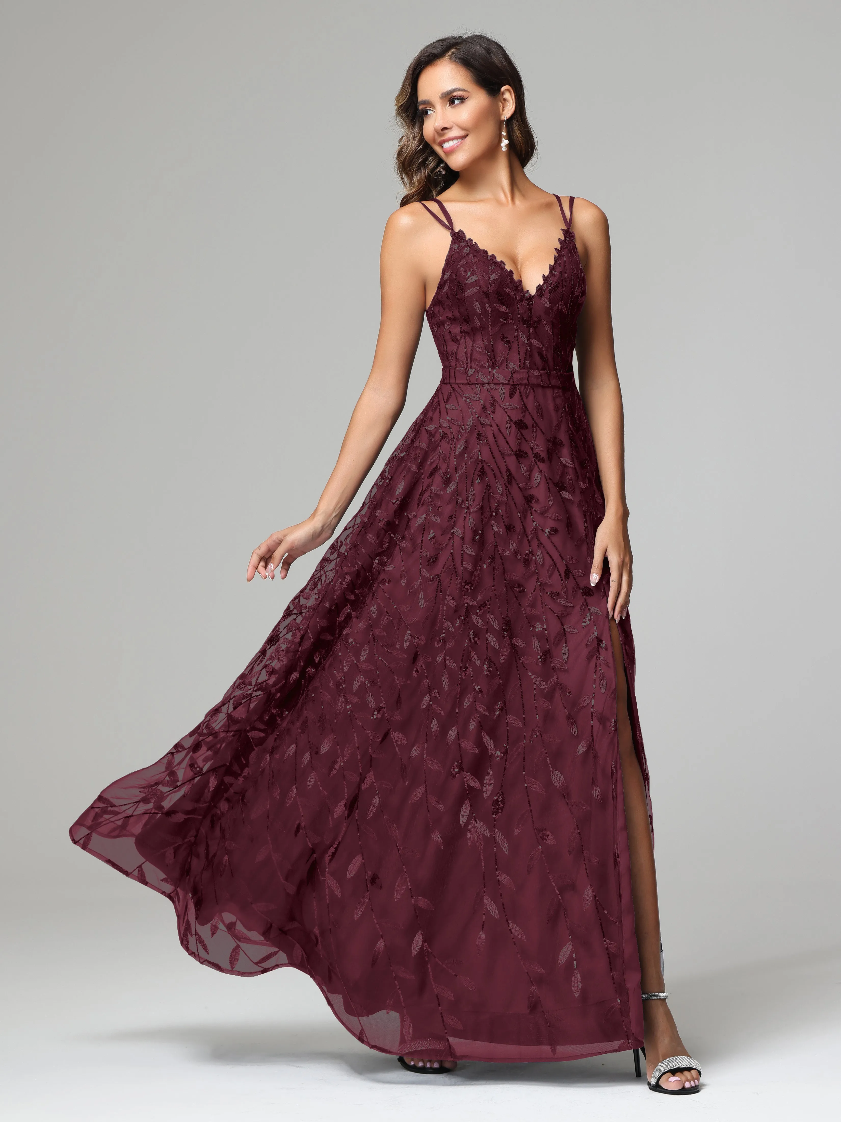 A-line Dark Navy Spaghetti Straps V-neck Lace Wedding Guest Dresses