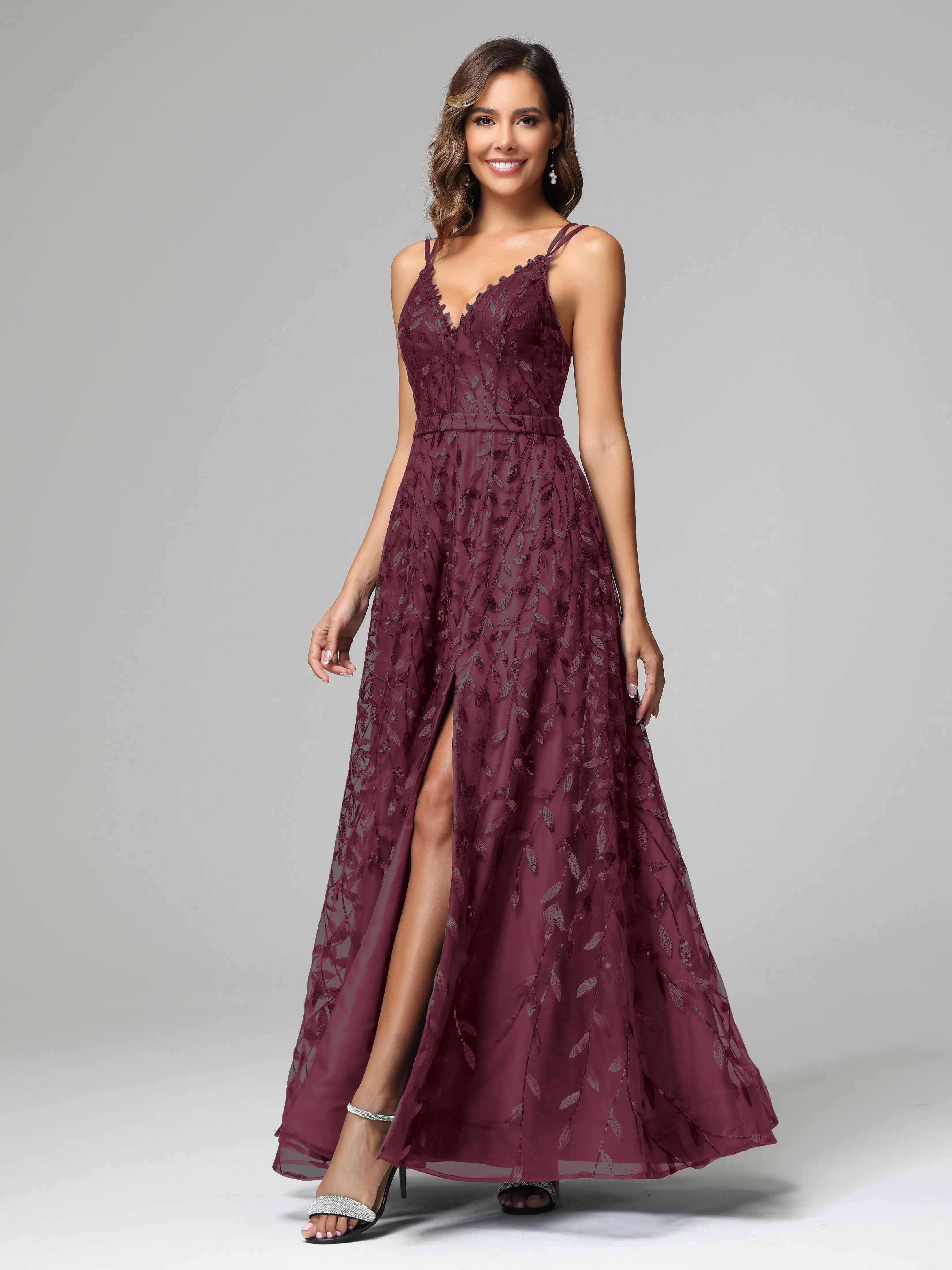 A-line Dark Navy Spaghetti Straps V-neck Lace Wedding Guest Dresses