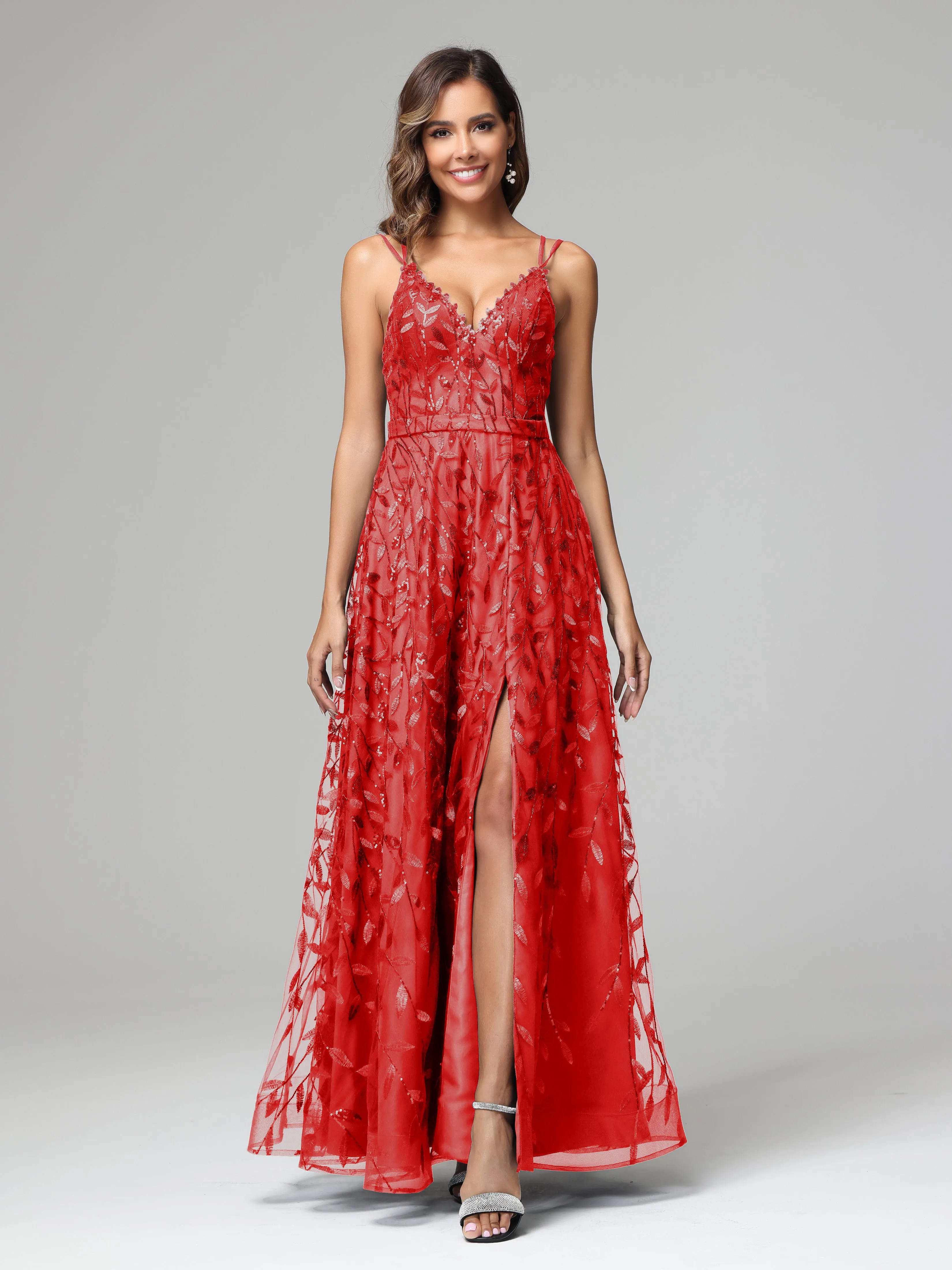A-line Dark Navy Spaghetti Straps V-neck Lace Wedding Guest Dresses