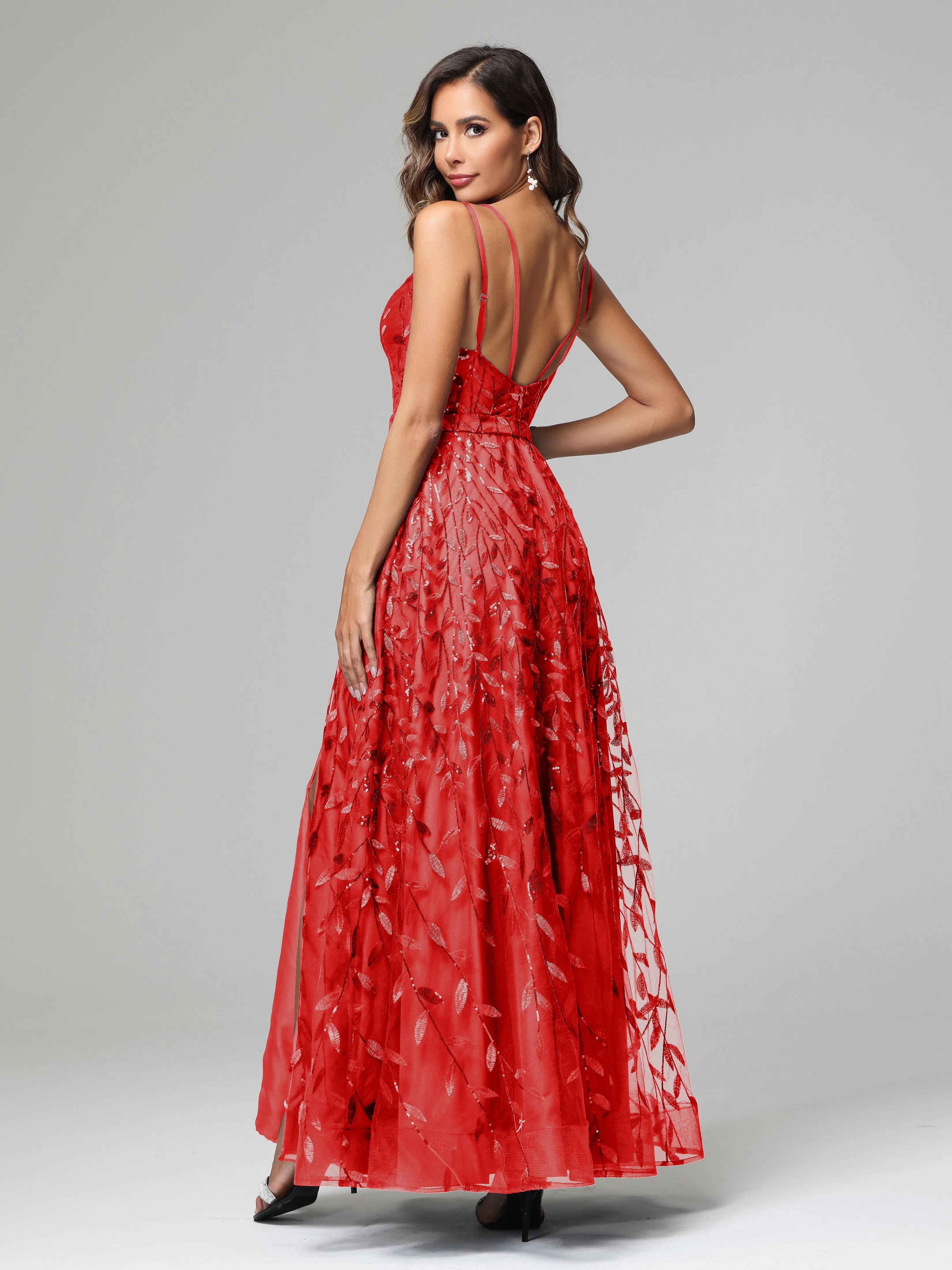 A-line Dark Navy Spaghetti Straps V-neck Lace Wedding Guest Dresses