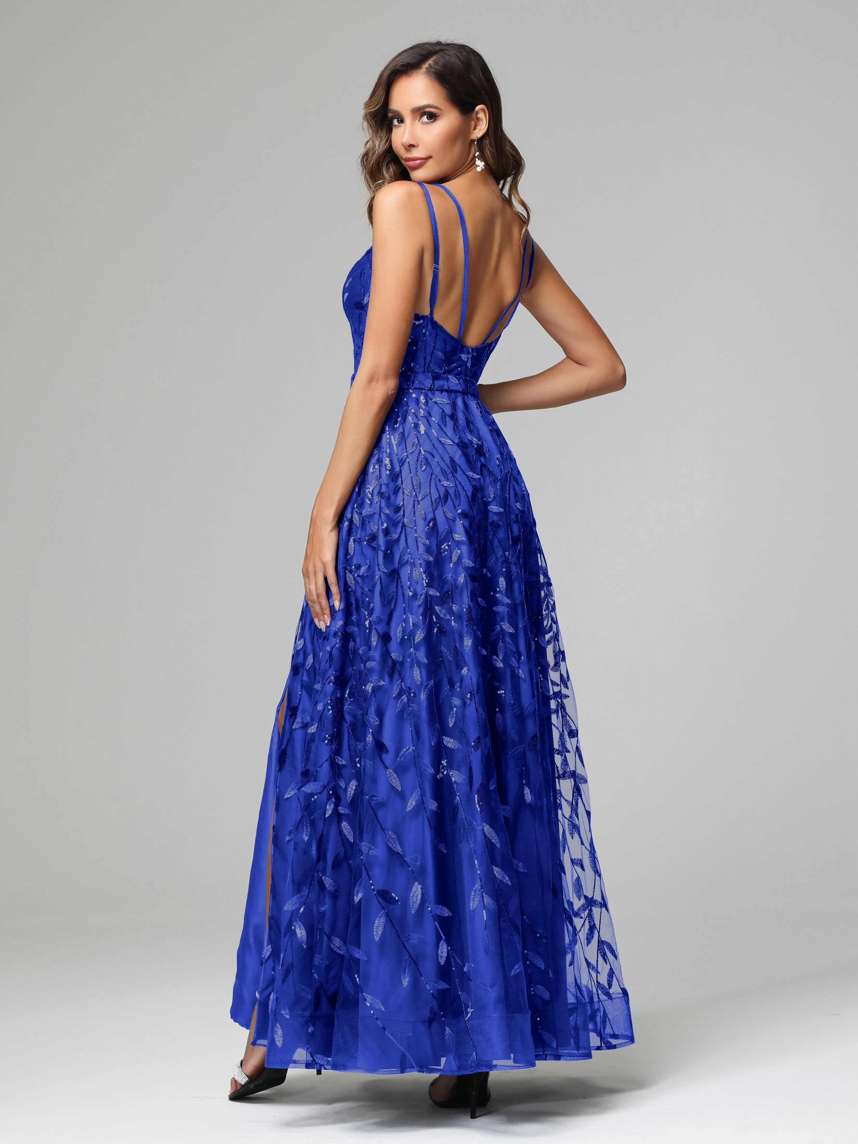 A-line Dark Navy Spaghetti Straps V-neck Lace Wedding Guest Dresses