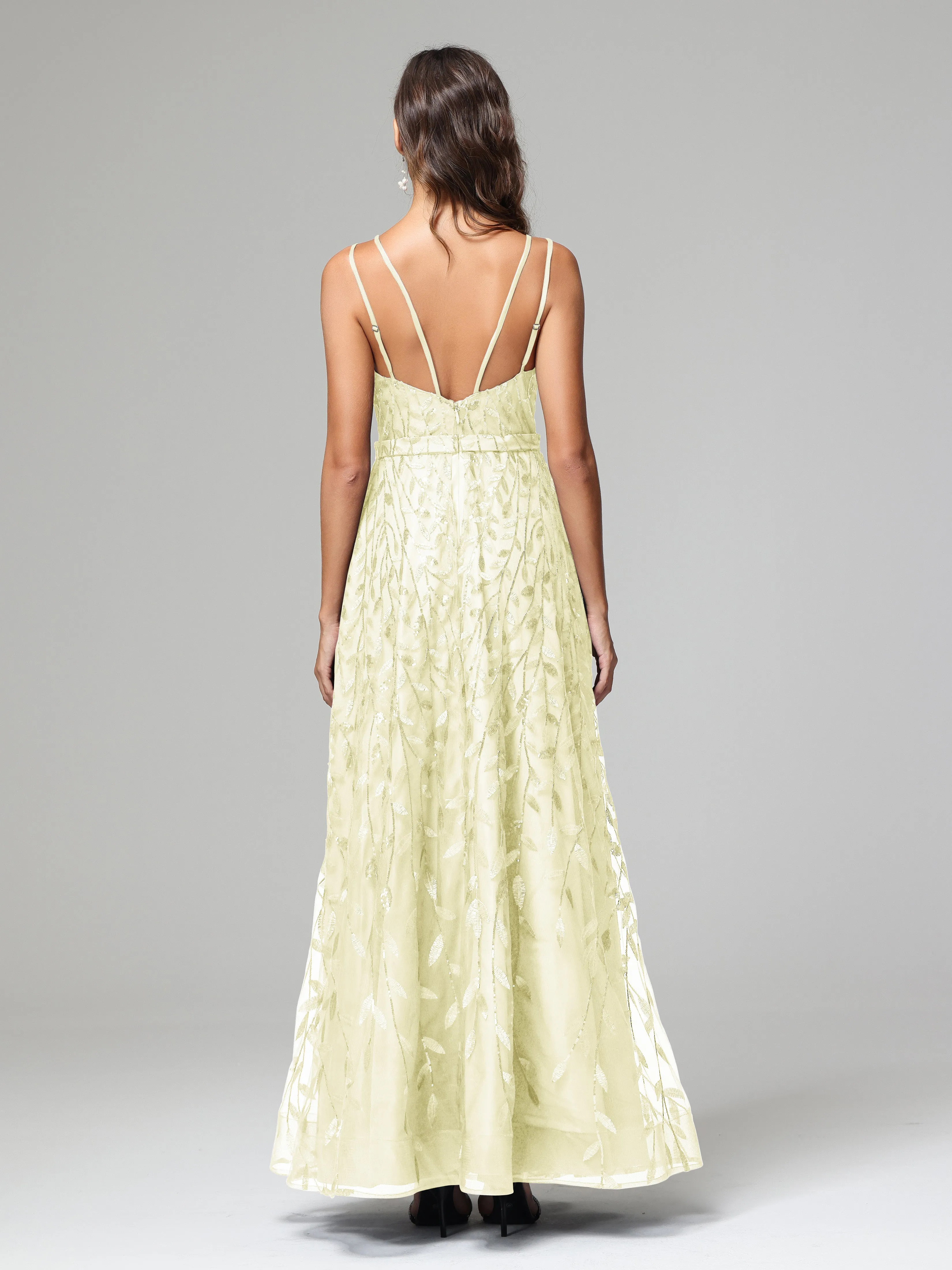 A-line Dark Navy Spaghetti Straps V-neck Lace Wedding Guest Dresses