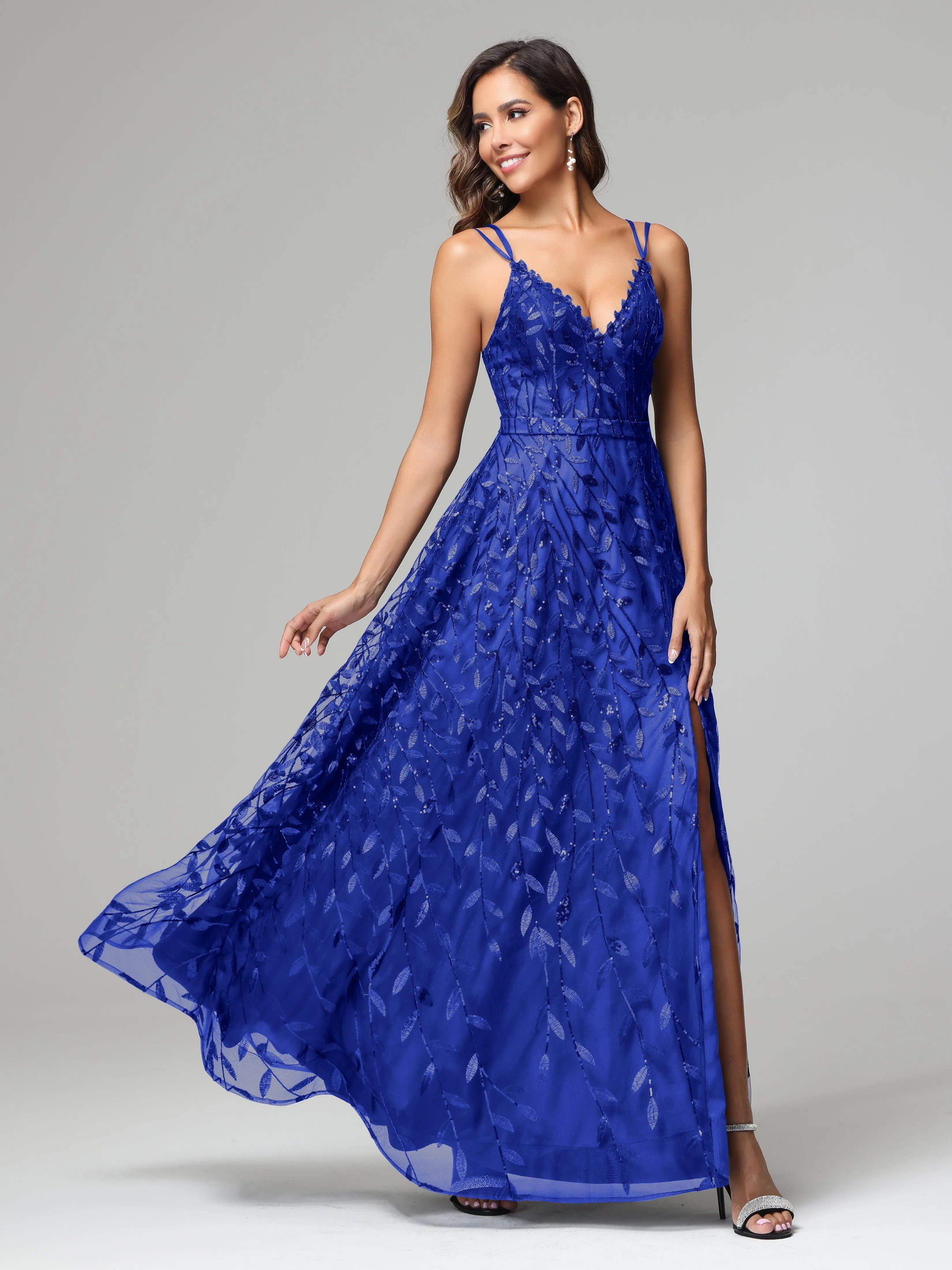 A-line Dark Navy Spaghetti Straps V-neck Lace Wedding Guest Dresses