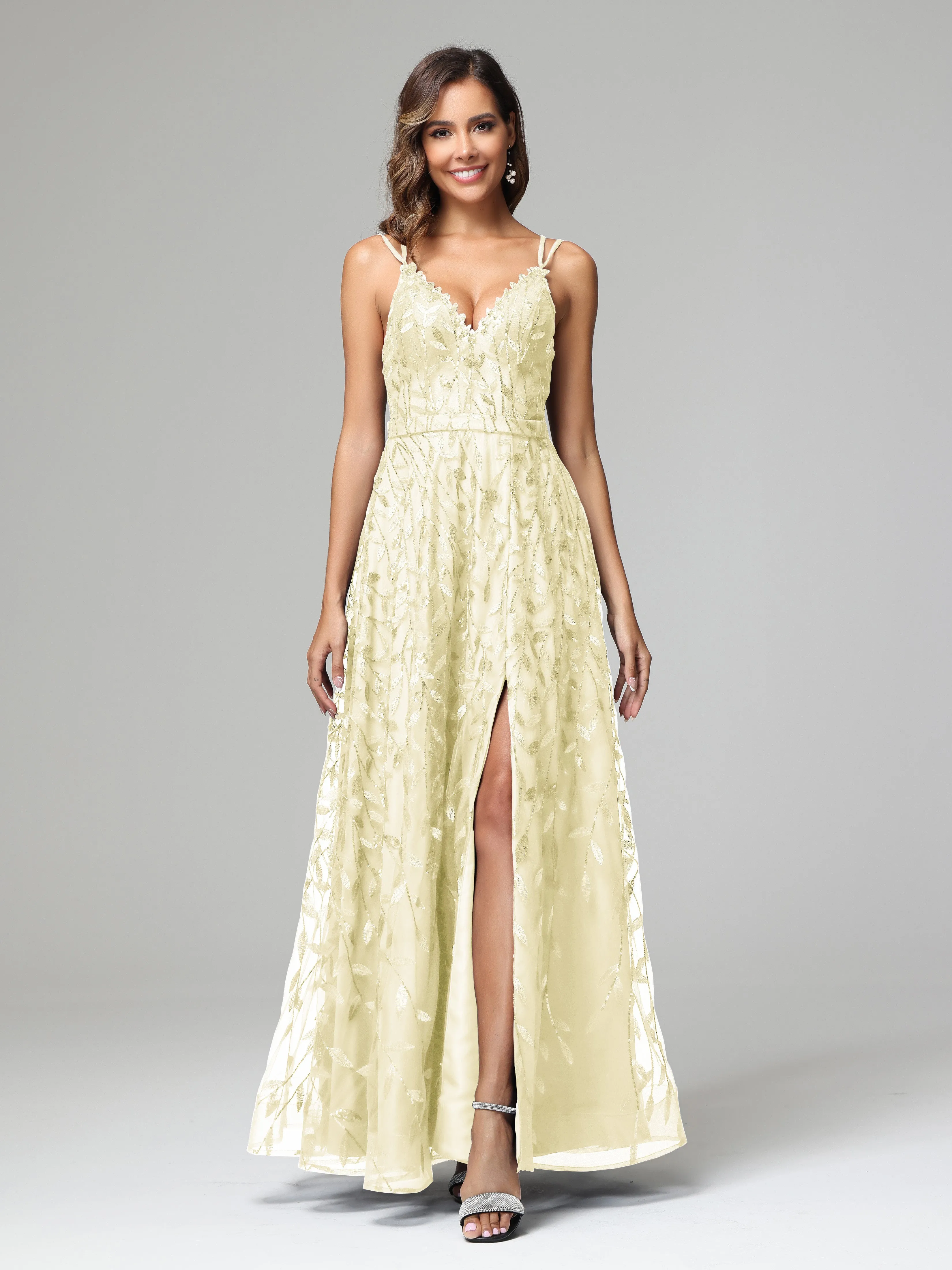 A-line Dark Navy Spaghetti Straps V-neck Lace Wedding Guest Dresses