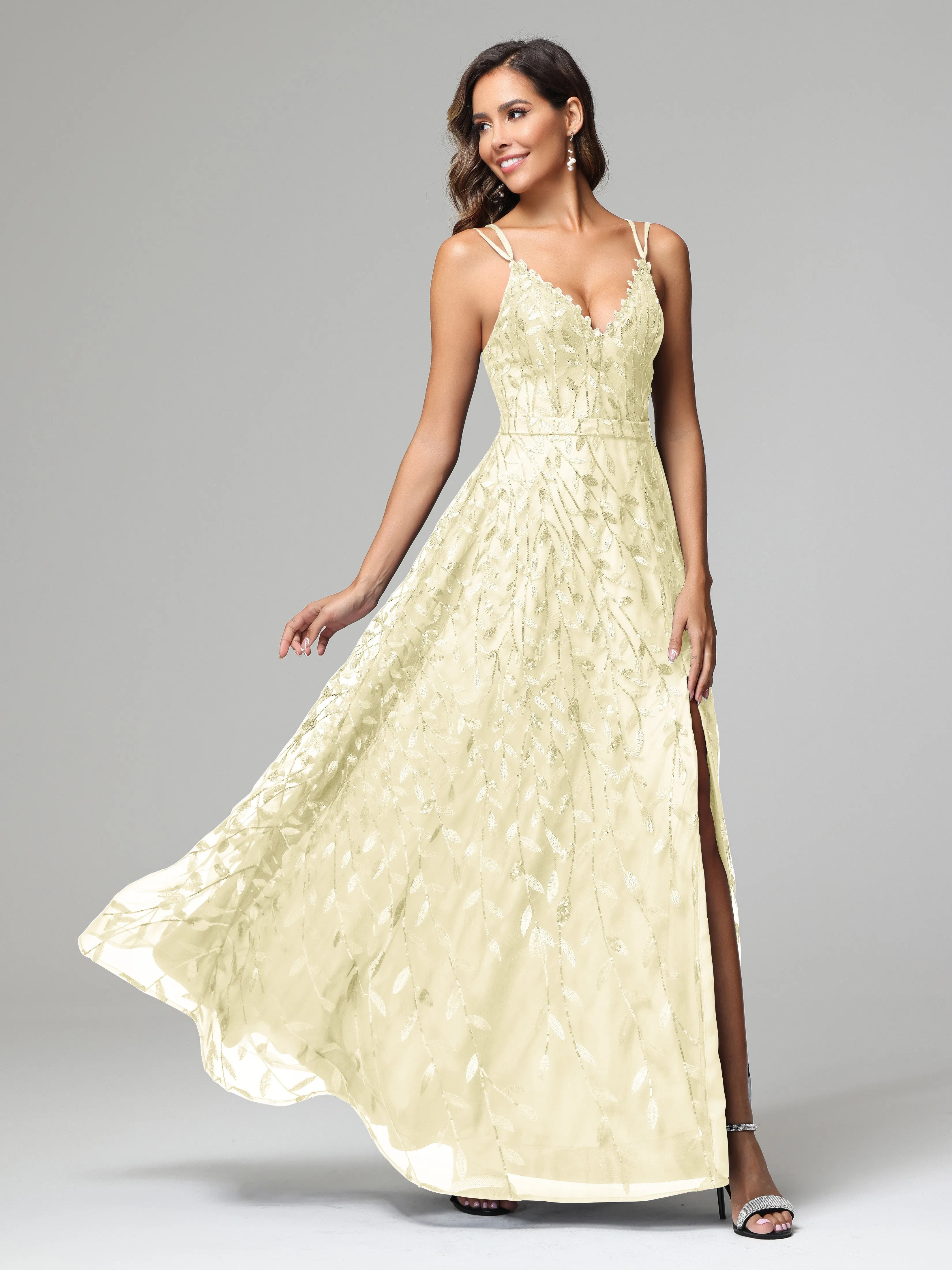 A-line Dark Navy Spaghetti Straps V-neck Lace Wedding Guest Dresses